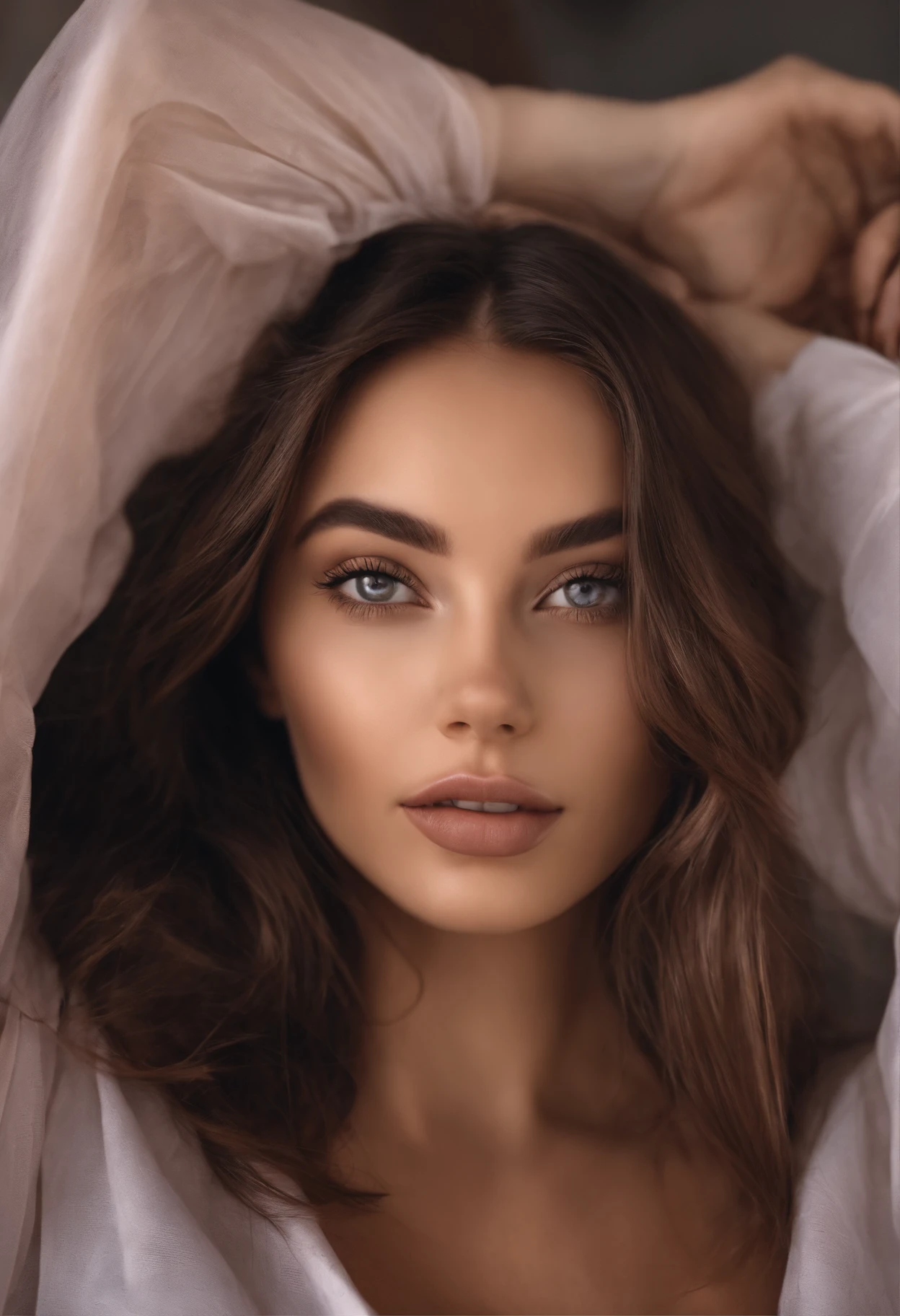Arafed woman completely , fille sexy aux yeux bruns, ultra realist, Meticulously detailed, Portrait Sophie Mudd, cheveux bruns et grands yeux, selfie of a young woman, Yeux de chambre, Violet Myers, sans maquillage, maquillage naturel, looking straight at camera, Visage avec Artgram, Maquillage subtil, Great photo of the whole body kneeling on the bed, dans la chambre, Medium to large bust