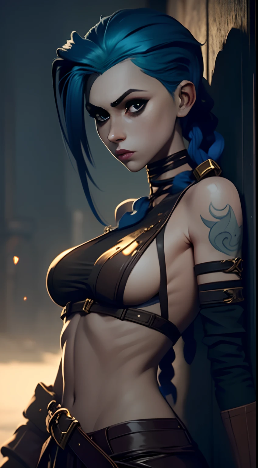 Jinx's character design, lying naked, lying on his back, bare breast, covers the chest with his hands, sexypose, Beautiful figure, Arcane's Jinx, Bright blue and purple sparks all around, glowing eyes, Pink glowing eyes, hairlong, hairsh, braided into long braids, Pigtails hang below the knee, Hair color changes from bright blue to navy blue, Dressed in brown breeches, Leather boots on the feet, Top with four gold circles on the chest in the middle of the chest, Blue cloud tattoos on shoulders and waist, Long bangs, hanging on the right side, Belt with cartridges on the belt, Arcane style, extremely detailed CG unity 8k wallpaper, detailed light, Cinematic lighting, chromatic aberration, glittering, expressionless, epic composition, dark in the background, Cherecter Desing, Very detailed, Detailed body, Vibrants, Detailed Face, sharp-focus, anime art, Vibrants, Detailed Face, Hugh Details, sharp-focus, Very drooping face, A detailed eye, super fine illustration, better shadow, finely detail, Beautiful detailed glow, Beautiful detailed, Extremely detailed, expressionless, epic composition,