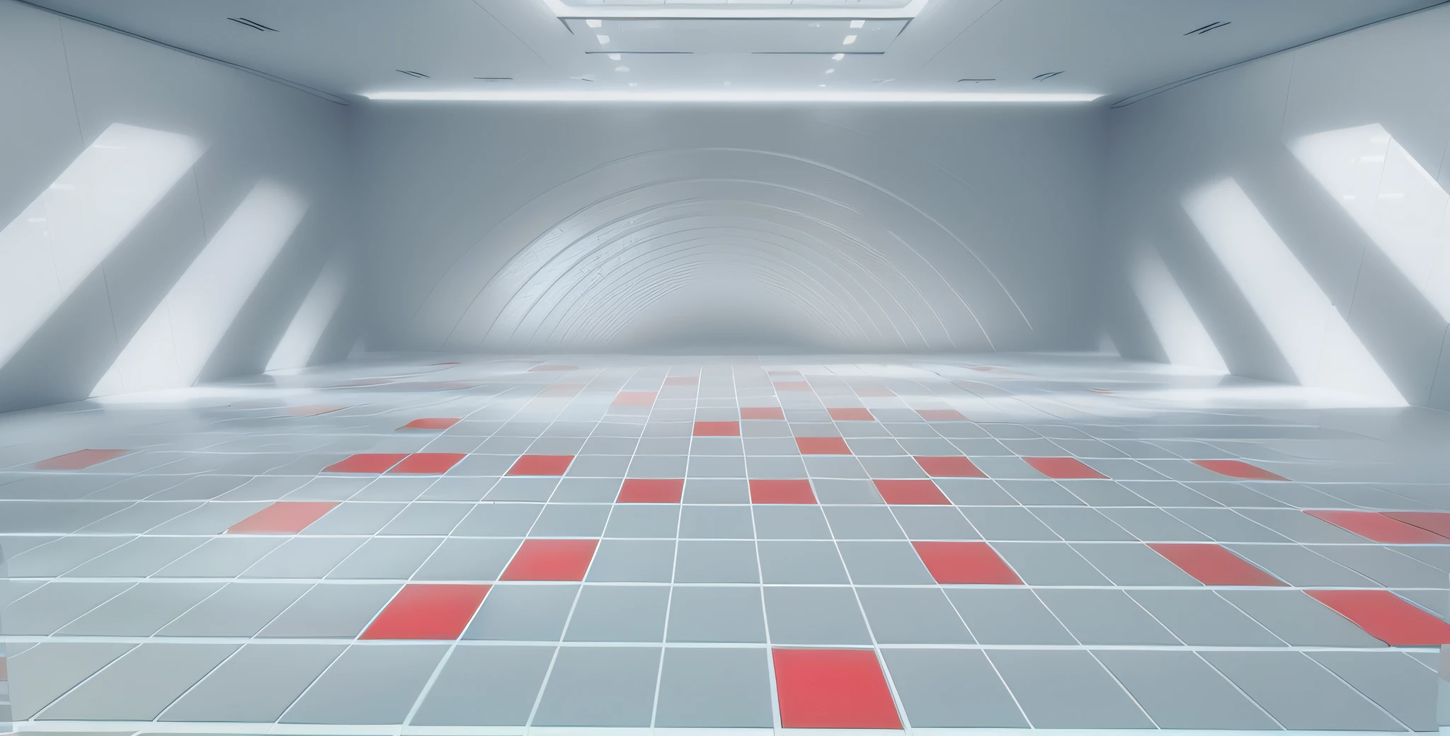 There was a room，There are red and white floors and white walls, futuristic hall, futuristic room background, tiled room squared waterway, Spaceship corridor background, Futuristic room, indoor background, in futuristic laboratory room, indoor liminal space, in style of 3d render, interior background art, background is data server room, in a dark futuristic room