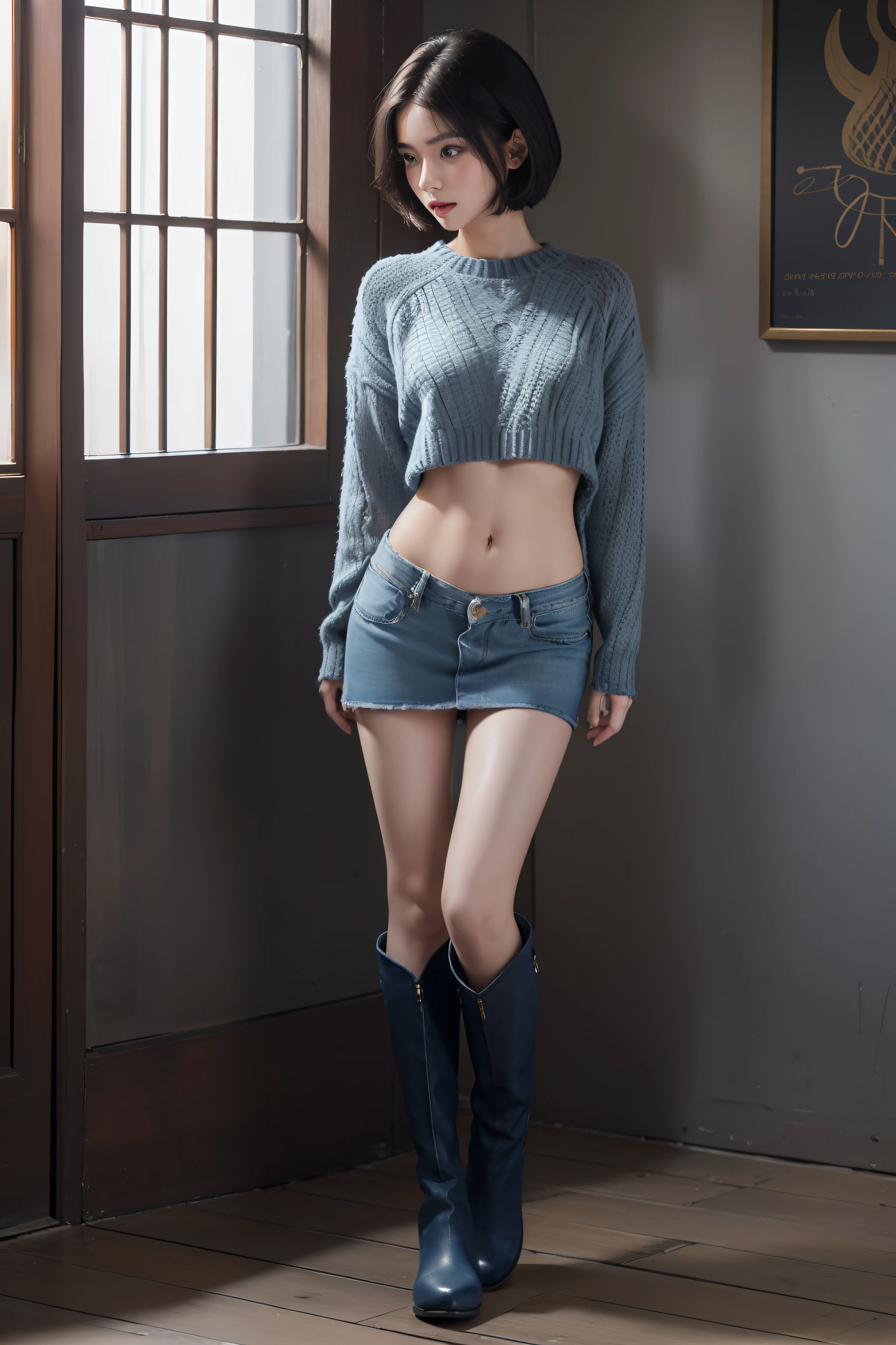 (masuter piece:1.3)、(8K、Photorealsitic、Raw photography、top-quality: 1.4)、(1girl in)、Beautiful expression、(Lifelike face)、(A dark-haired、short-hair:1.3)、 Beautiful hairstyle、realisticeyes、Beautiful details、(real looking skin)、Beautiful skins、absurderes、enticing、超A high resolution、A hyper-realistic、high-detail、the golden ratio、 ((wide open abdomen))、((open abdomen))、((wide open navel))、((open navel))、((Mid-Riff Sweater))、((Ultra-low rise、Denim Mini Skirt))、 ((Navel Ejection))、((small hips))、((Full body depiction))、((small hip))、(Ultra-low rise))、((Denim Mini Skirt))、((is standing))、((long boots))、((Bare belly))