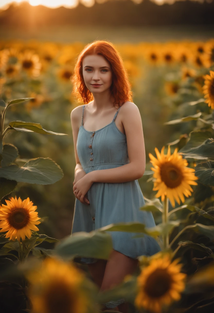 1girl, 18 years old, reddish hair, from poland, full body, looking at viewer, skinny, standing, friendly shy smile, depth of field, tattoo, wearing transparent baby doll style dress, colerful baby doll style, sunflower field, sunny day