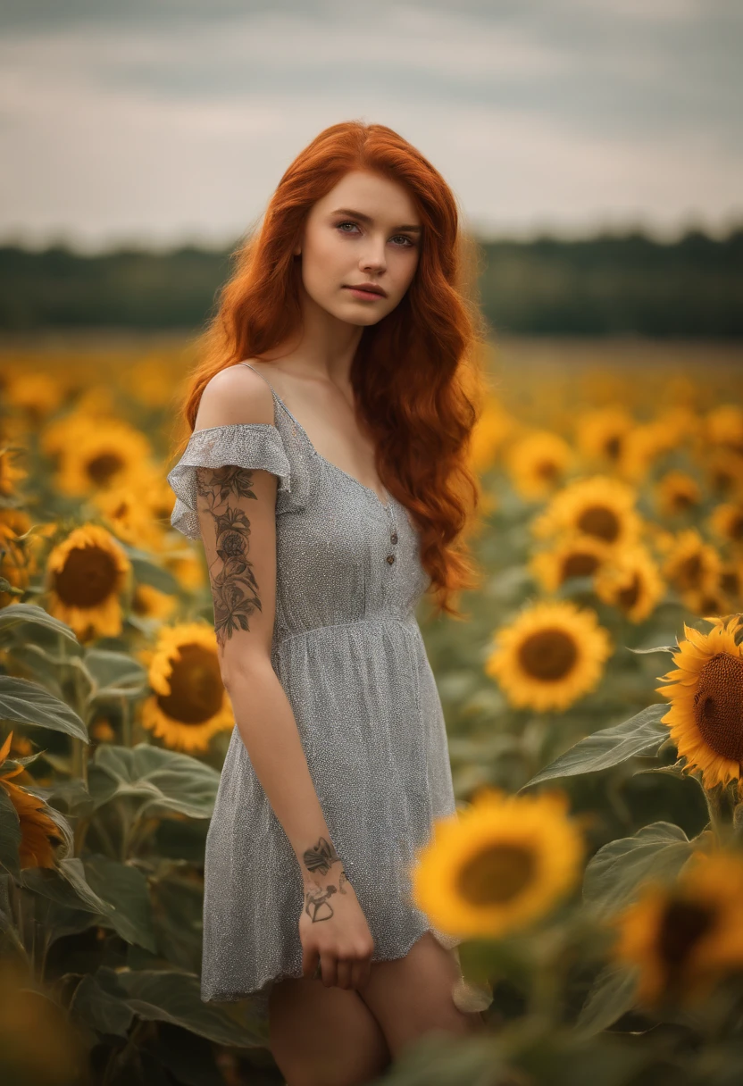 1girl, 18 years old, reddish hair, from poland, full body, looking at viewer, skinny, standing, friendly shy smile, depth of field, tattoo, wearing transparent baby doll style dress, colerful baby doll style, sunflower field, sunny day