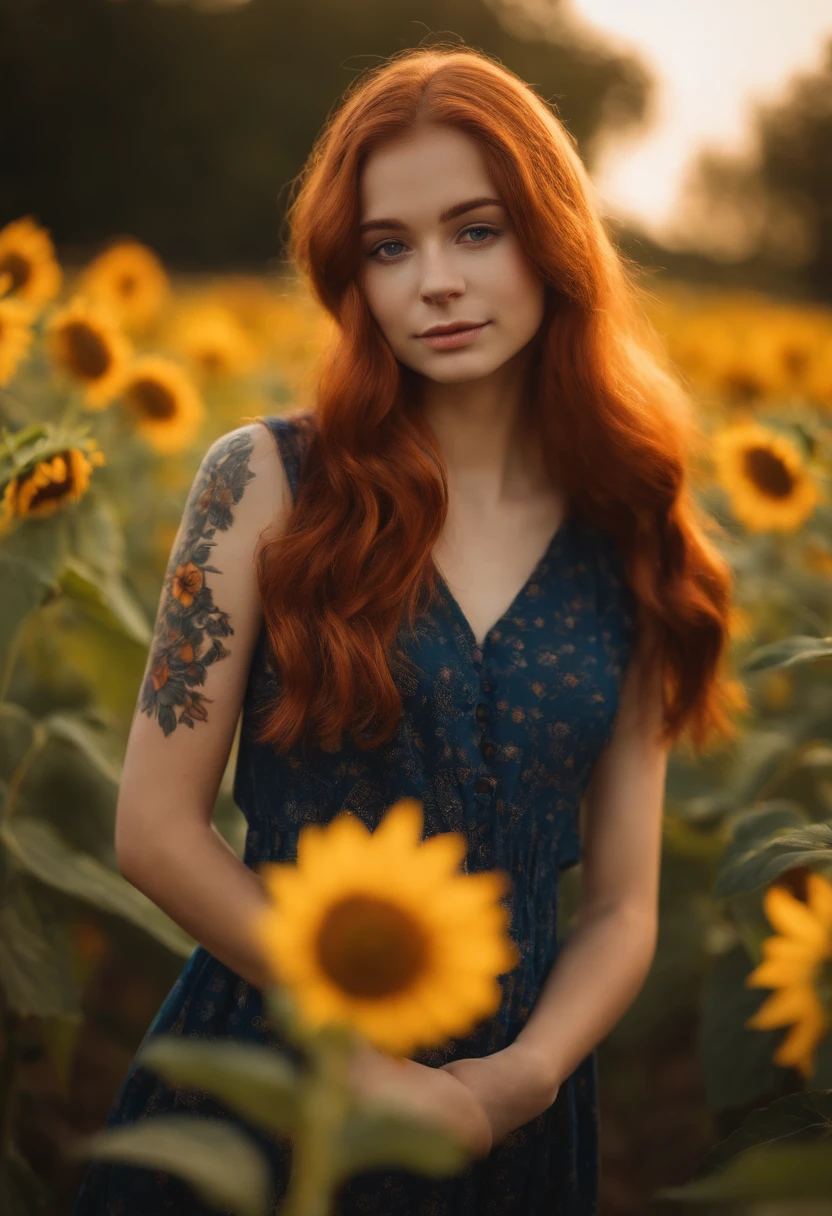 1girl, 18 years old, reddish hair, from poland, full body, looking at viewer, skinny, standing, friendly shy smile, depth of field, tattoo, wearing transparent baby doll style dress, colerful baby doll style, sunflower field, sunny day