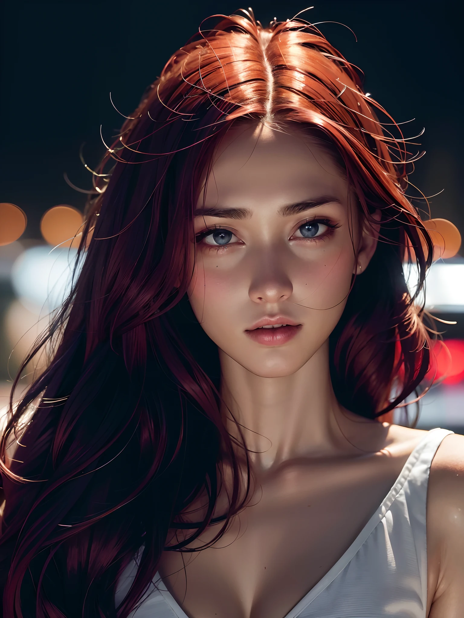 sexy twentytwo year old woman in nightgown, red hair, freckles, long golden tangled hair, beautiful erotic woman, looking into camera, candid photograph, (dimly lit spooky alleyway:1.3), (dark shot:1.7), photo-realistic, (film grain:1.4), (masterpiece:1.2), sharp image, analog style, award winning photo, best quality,(shot with kodak 400:1.3), sharp,skin pores, (sunkissed freckles on face:0.6), (shot on Fujifilm X-T4:1.2), high cheekbones, large dull hazel eyes, ( film imperfections:1.2)