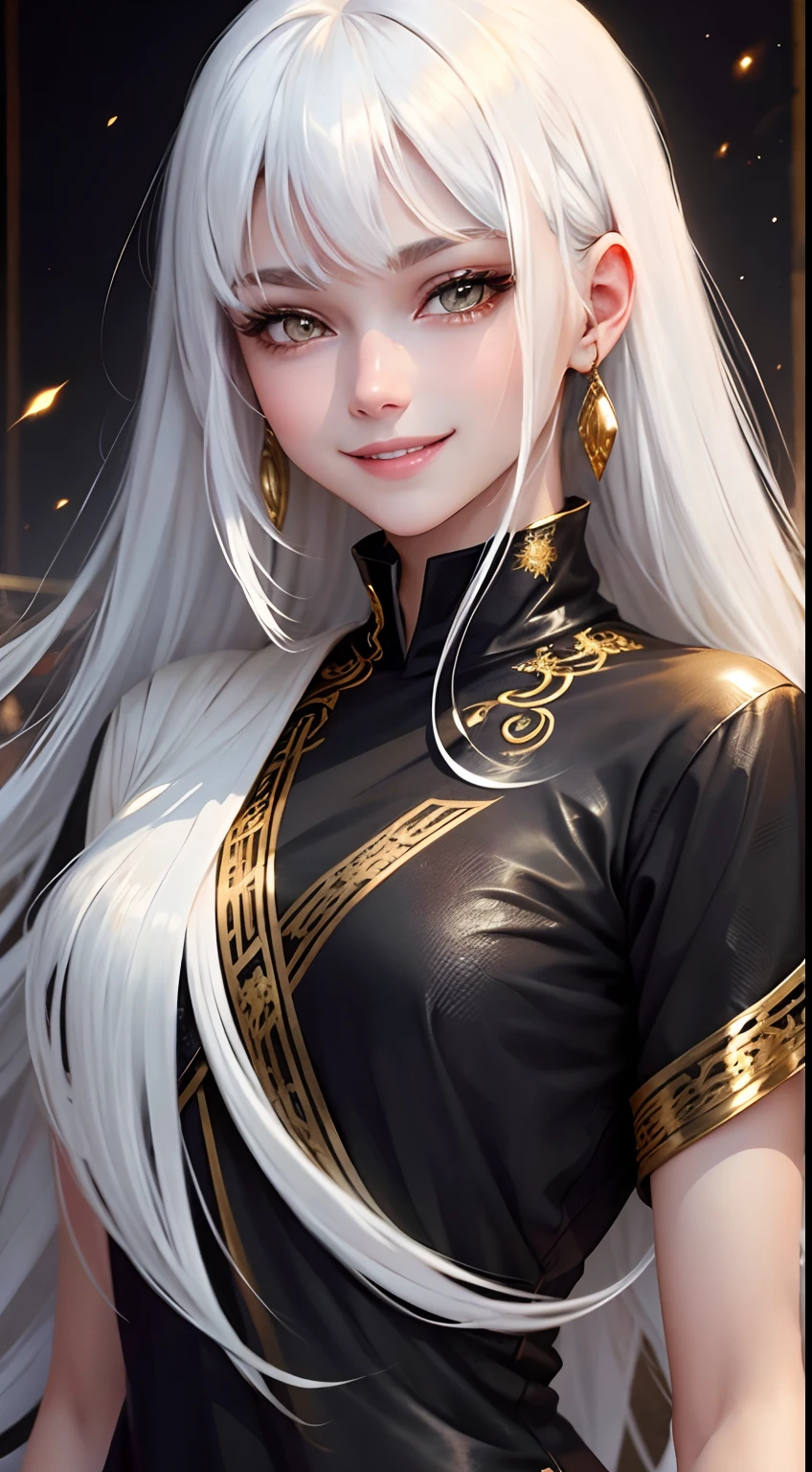 best quality, white hair, gold eyes, black clothes, hair strand, Fair skin, smiling