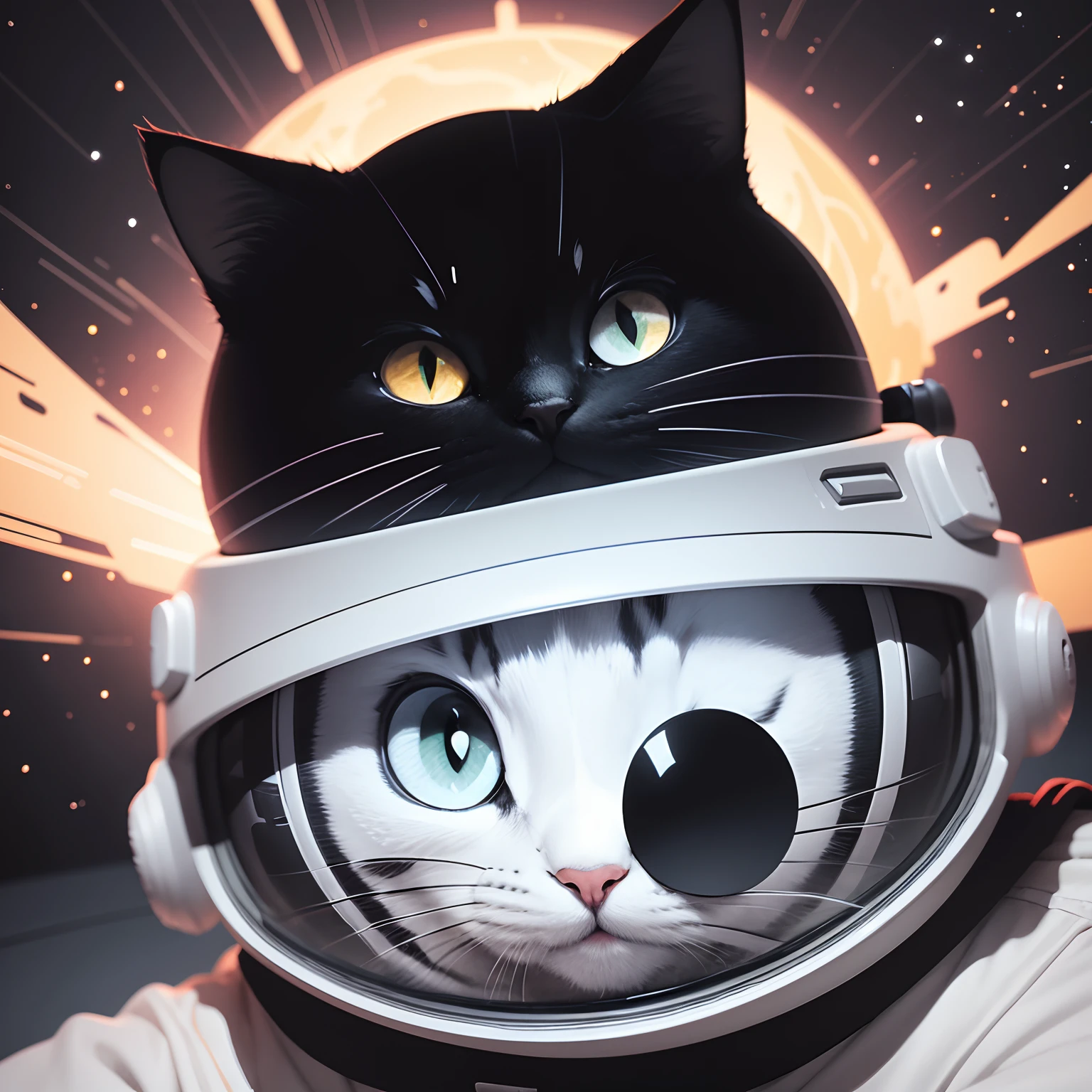 Coloring book in space with cat wearing helmet with thick lines in the shape of a black and white colorless cartoon on a white background with only thick strokes for painting