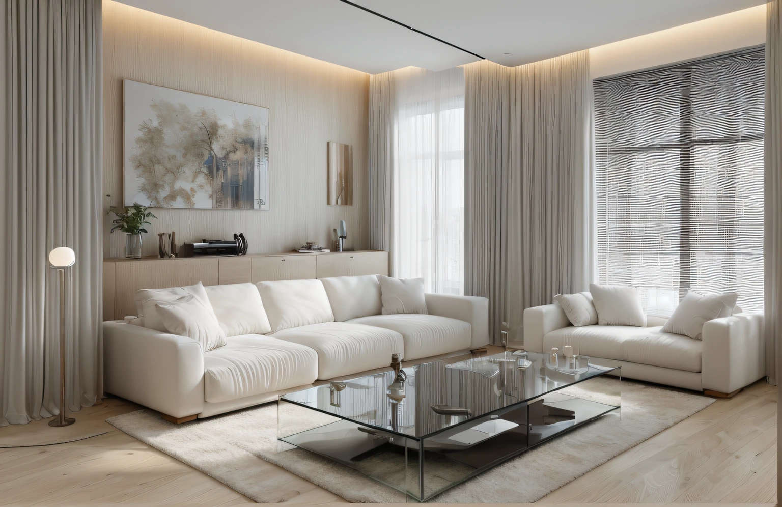 minimalist livingroom interior design, wood floor, rug, luxurious sofa, glass window, glass door, lamp, picture frame, wooden cabinet, white curtain, white ceiling, (masterpiece), realistic, high quality, softlight, natural contrast, scenery,(luxury), stucco wall