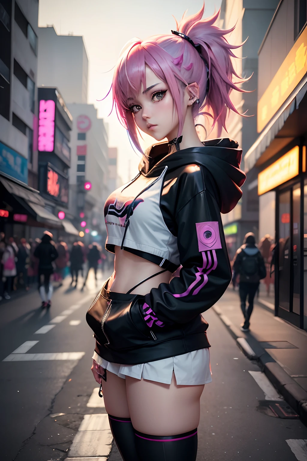 anime girl with colorful hair and a white top standing in a busy street, anime style 4 k, anime style. 8k, digital cyberpunk anime art, cyberpunk anime girl, cyberpunk anime girl in hoodie, 4k anime wallpaper, female cyberpunk anime girl, anime cyberpunk art, seductive anime girl, artwork in the style of guweiz, anime styled digital art