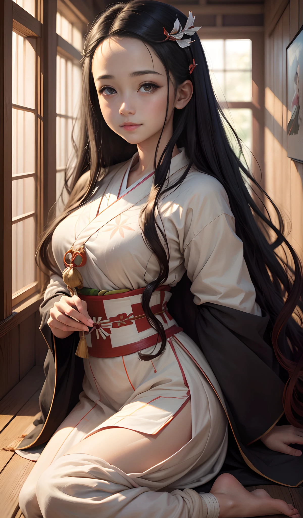 (best quality,highres,masterpiece:1.2),ultra-detailed,realistic,portrait scene,Nezuko,beautiful detailed eyes,beautiful detailed lips,long dark hair,gentle expression,peaceful atmosphere,subtle smile,traditional Japanese clothing,soft lighting,vivid colors,brushstrokes,subtle background elements,delicate skin texture,finely crafted features,close-up view,masterful rendering,eye-catching,painting technique