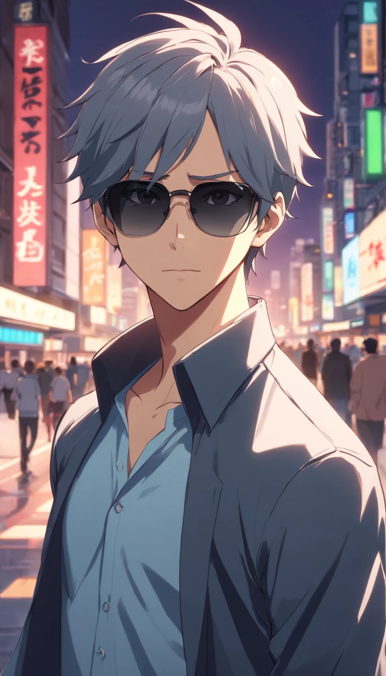 A man with sunglasses and a blue shirt standing in a city - SeaArt AI
