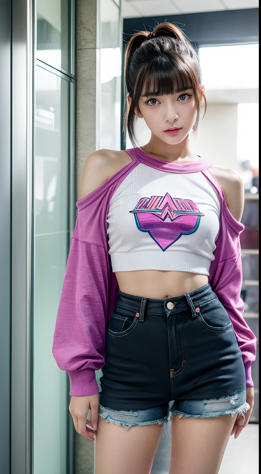 ((Masterpiece)), best quality, absurderes, ultra detailed, holographic, cowboy shot, golden ratio, super cute girl, 90s, mature girl, idol girl, super beautiful asian girl with very beautiful violet glowing eyes, beautiful glowing black short hair with bangs, high ponytail, nice and sexy body, slim body, perfect body, wearing a anime printed leotard, an anime printed off shoulder long sleeve crop top, a super aesthetic, beautiful hair ornament, pink jordan tennis, being photographed in a mall shop, brown luminous eyes, wearing a white anime shirt, black shorts, and pink crocs, midshot, black short hair, black short hair