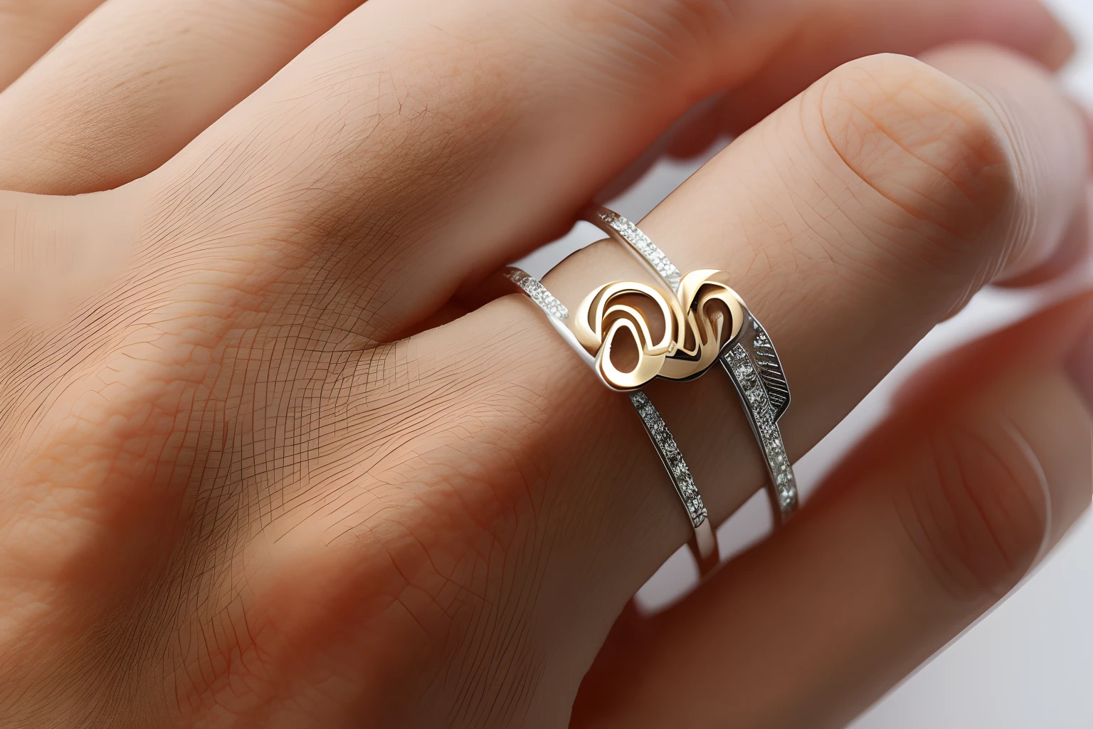 Photo, Photorealistic, Art wide ring, gold and platinum, postmodern design, shift-tilt shot