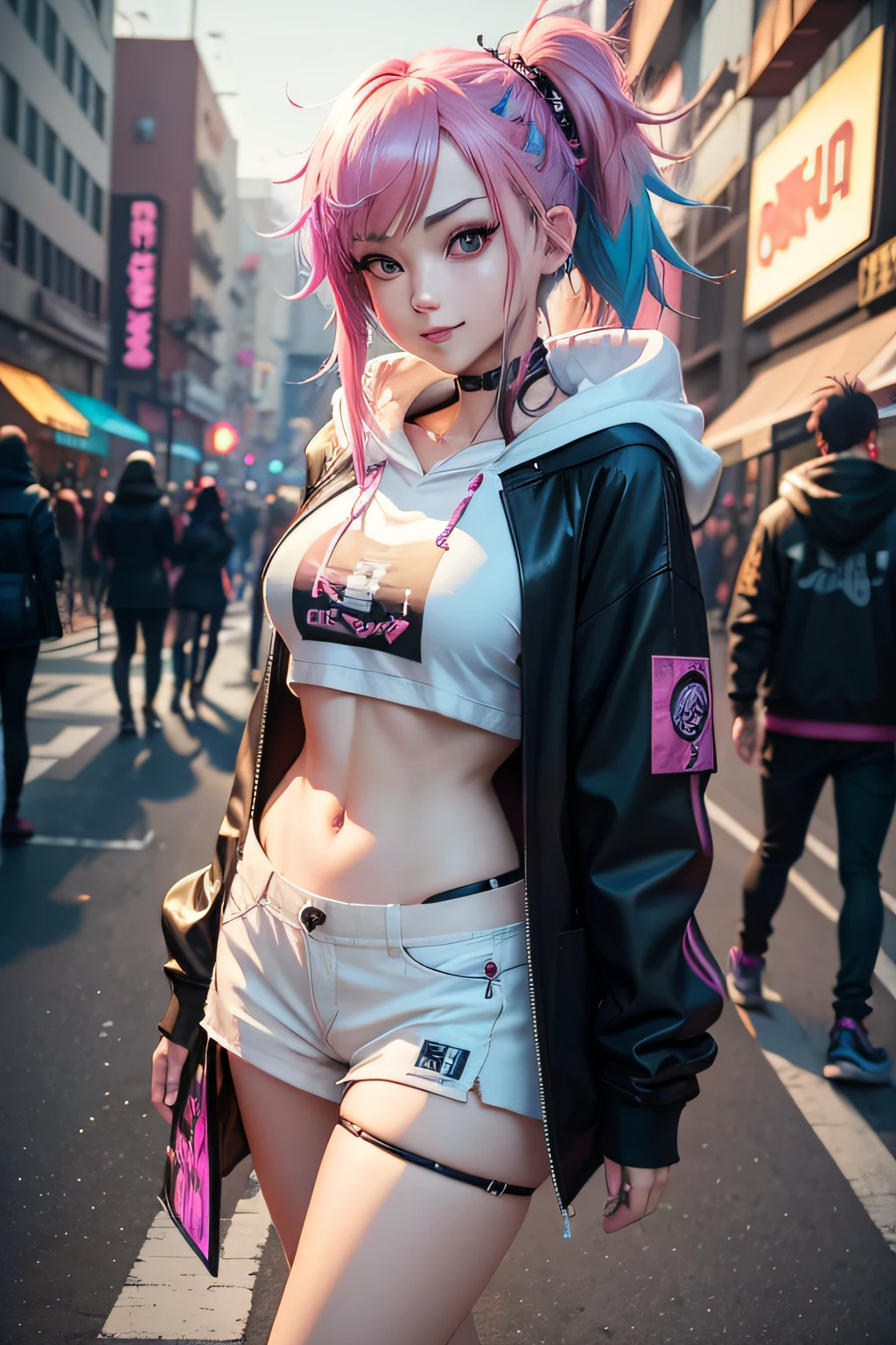 anime girl with colorful hair and a white top standing in a busy street, anime style 4 k, anime style. 8k, digital cyberpunk anime art, cyberpunk anime girl, cyberpunk anime girl in hoodie, 4k anime wallpaper, female cyberpunk anime girl, anime cyberpunk art, seductive anime girl, artwork in the style of guweiz, anime styled digital art , smiling