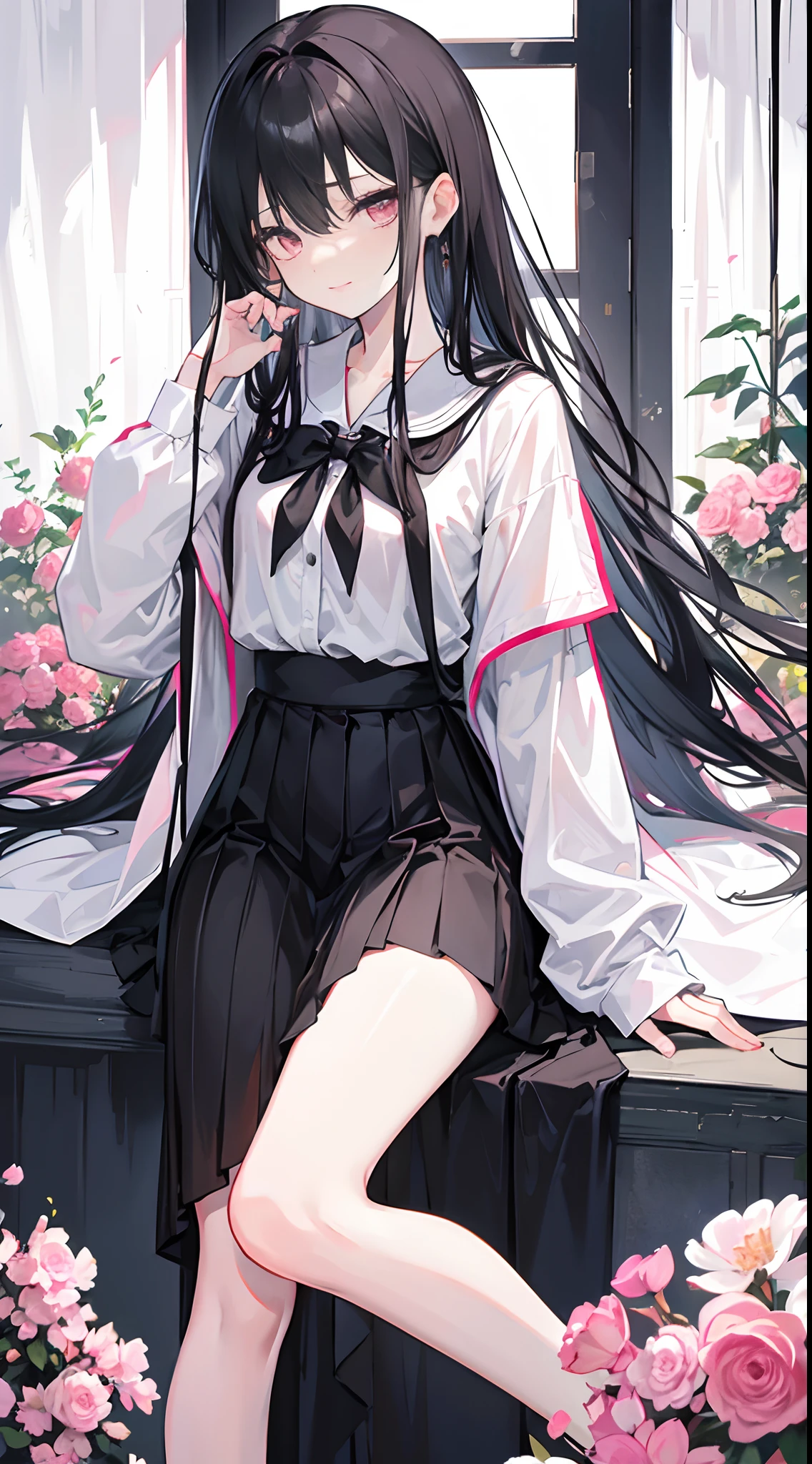 Long black hair radiated,Long hair curtain,Slanted hair curtains,A hair curtain covers one eye,Pink eyes,Leaking out of the ear,White color blouse,a black pleated skirt,The skirt is short,A black coat tied around the waist,Long legs,Leg depiction,ssmile,sideface,The flowers they raise themselves are being watered,In the school department,