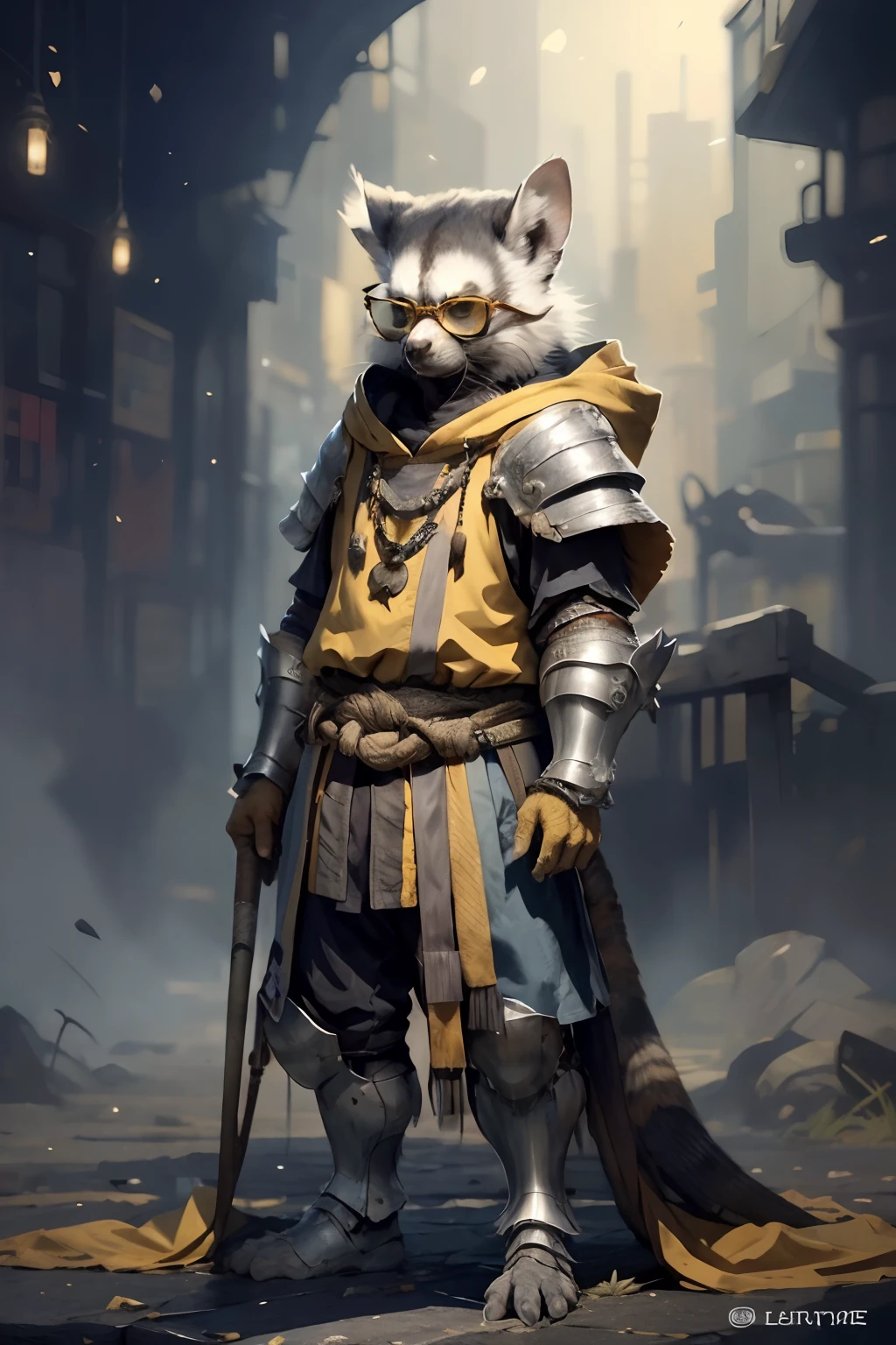 fullbody portrait, Katsuya Terada style, LEMUr shaman in gray miletary gear (SNAKE skin ARMOR), goggles and hood. LEMUR, YELLOW EYEs, SNAKE skin ARMOR, SCALEs, manga, toon avatar, muppet, simple, stialized, clean, compact, simple.