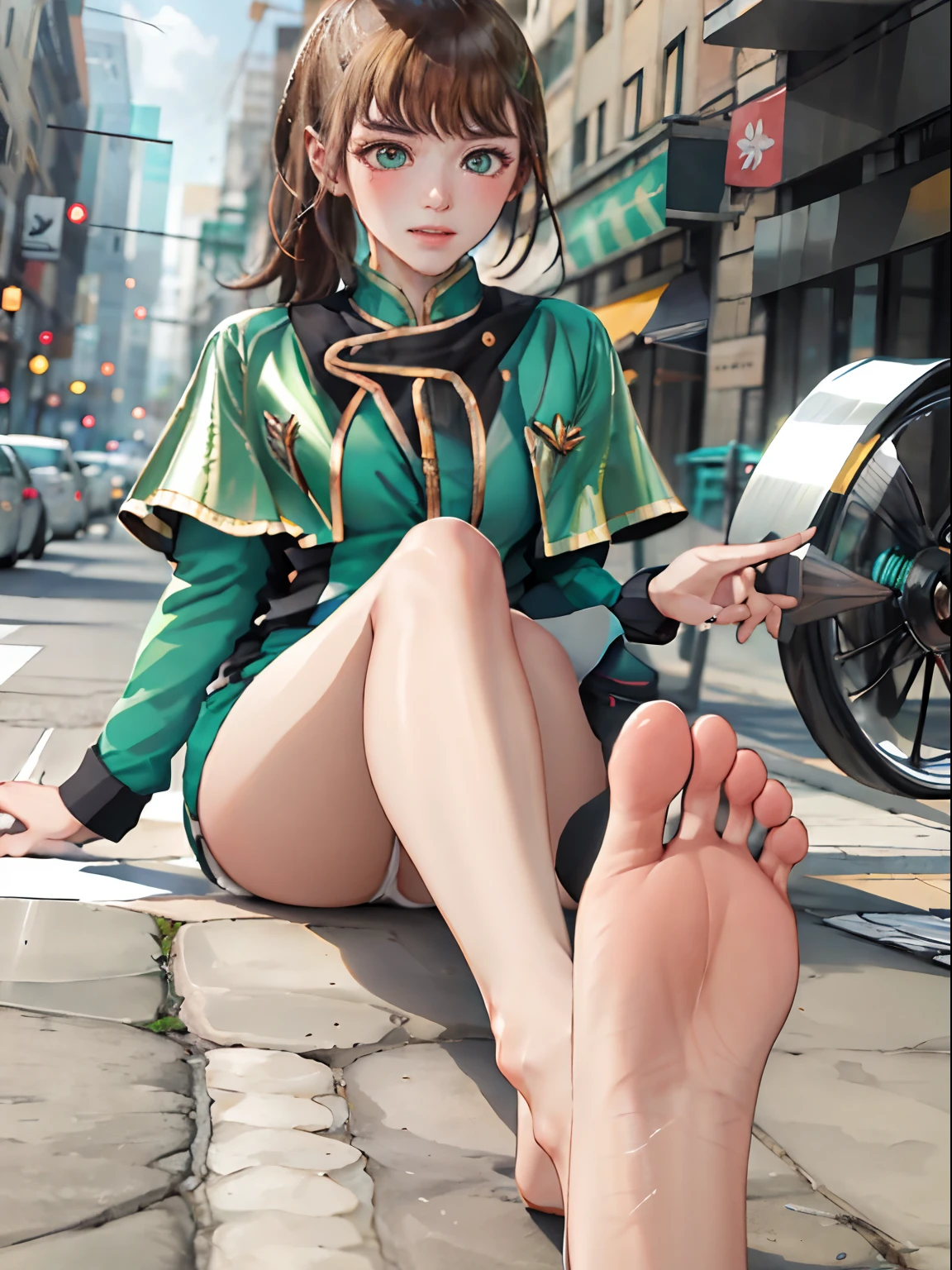 (Master Parts:1.2, Best Quality), (real image, intricate detailes), 1lady, soio, sitted, showing legs, showing paws, Solo Screenings, The long-haired, Minimal makeup, Natural materials, Close-up face, smil, Face Traverse, Bare legged, Camera feet, Long platinum blonde hair, Clair, fringe, Korean Strip, Franja na dough, green colored eyes, 校服, School T-shirt, school skirt, pleatedskirt, large full breasts, on breast, Mature body, Face Madura, 详细的脸, Correct anatomy of the foot, Foot anatomy, Sexy legs, Feet pointing to the viewer, walking away, soio, Detailed feet, Correct anatomy of the foot, soio, sitted, Ball busting、(masutepiece:1.1), (high resolusion:1.2), (Illustration:1.05), (ultra detailed 8k art:1.05), (finely detailed beautiful eye), Perfect face, Bright pupils, Lustrous skin, hayami_Sena ,Green eyes, , Black_Belt bag, Green_Capelet, Green_Jacket, white_Shorts,, Long sleeves, fullllbody, blushed, Looking at Viewer, sole, Barefoot soles、Sole Focus
