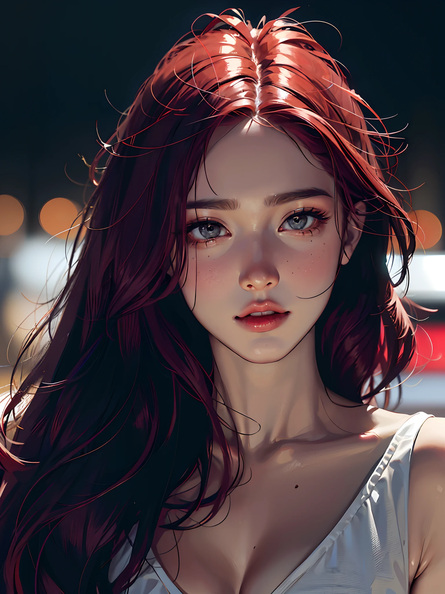 (hight resolution, 8K, Masterpiece:1.2), Ultra-detailed, Realistic:1.37, Girl with long red hair and gray eyes, looking at the viewer, bright colours, soft-lighting, Dark background, beautiful detailed lips