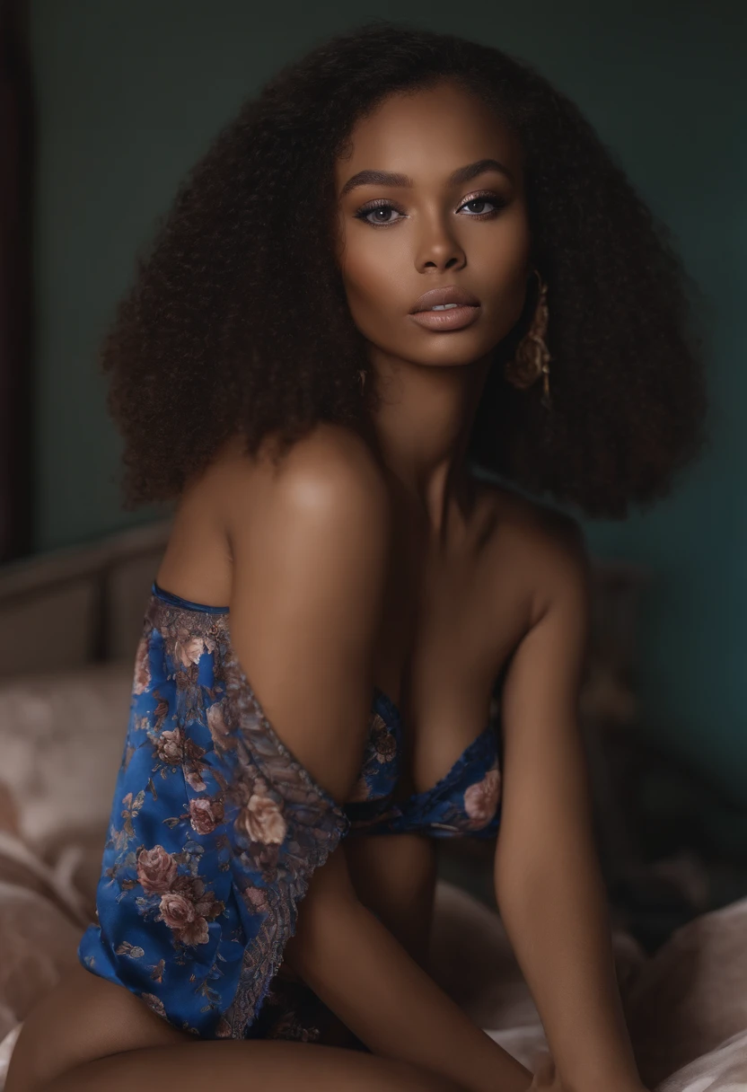 afro woman fully, black skin, sexy girl with blue eyes, ultra realistic, meticulously detailed, portrait sophie mudd, blonde hair and large eyes, selfie of a young woman, bedroom eyes, violet myers, without makeup, natural makeup, looking directly at the camera, face with artgram, subtle makeup, stunning full body shot in a bedroom, in bed room, medium to large size bust, black silk lingerie