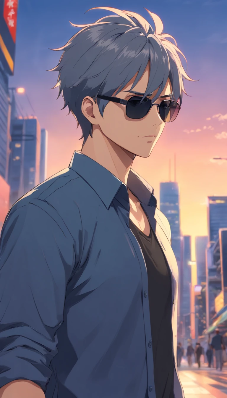 man,Macho wearing black sunglassesTBald tall with a shirt,grey spiky undercut hair