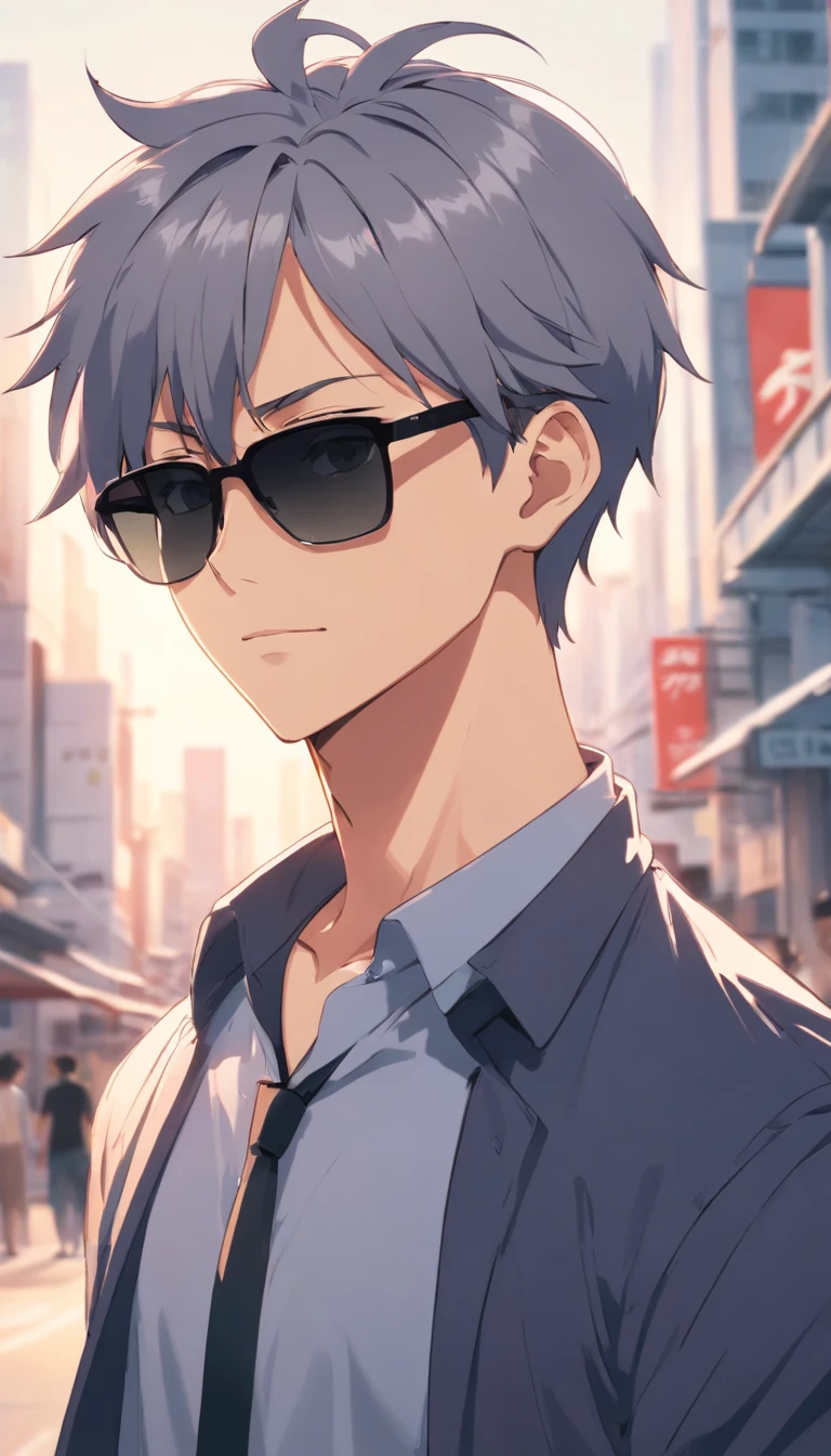 man,Macho wearing black sunglassesＴBald tall with a shirt,grey spiky undercut hair