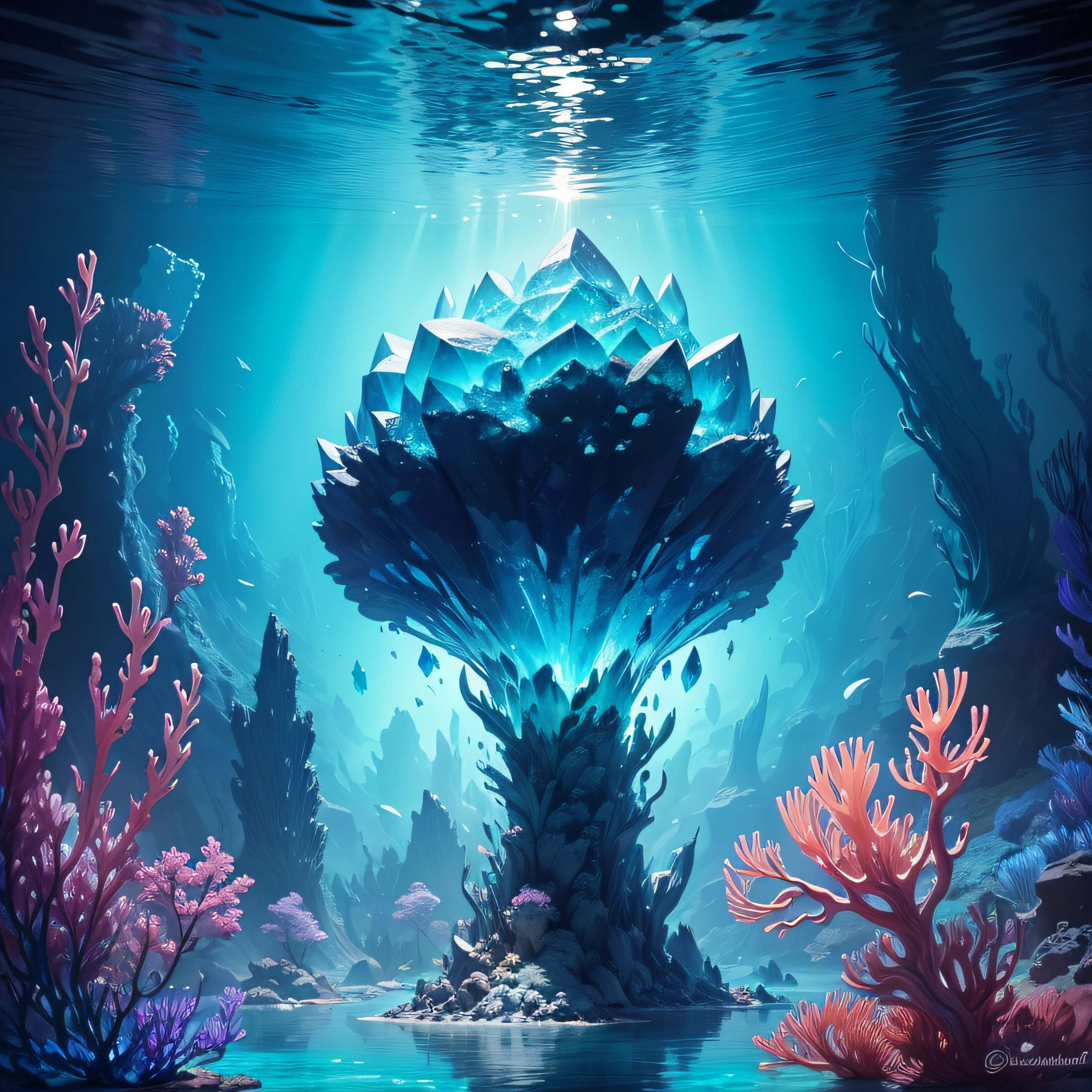 Create a scene where a colossal crystal rises from the depths of the sea, surrounded by a vibrant and diverse underwater ecosystem. Paint the crystal with a sense of grandeur and mystery, using bold brushstrokes and intense colors to emphasize its otherworldly nature. Capture the marine life with intricate details, showcasing their vibrant colors and graceful movements.