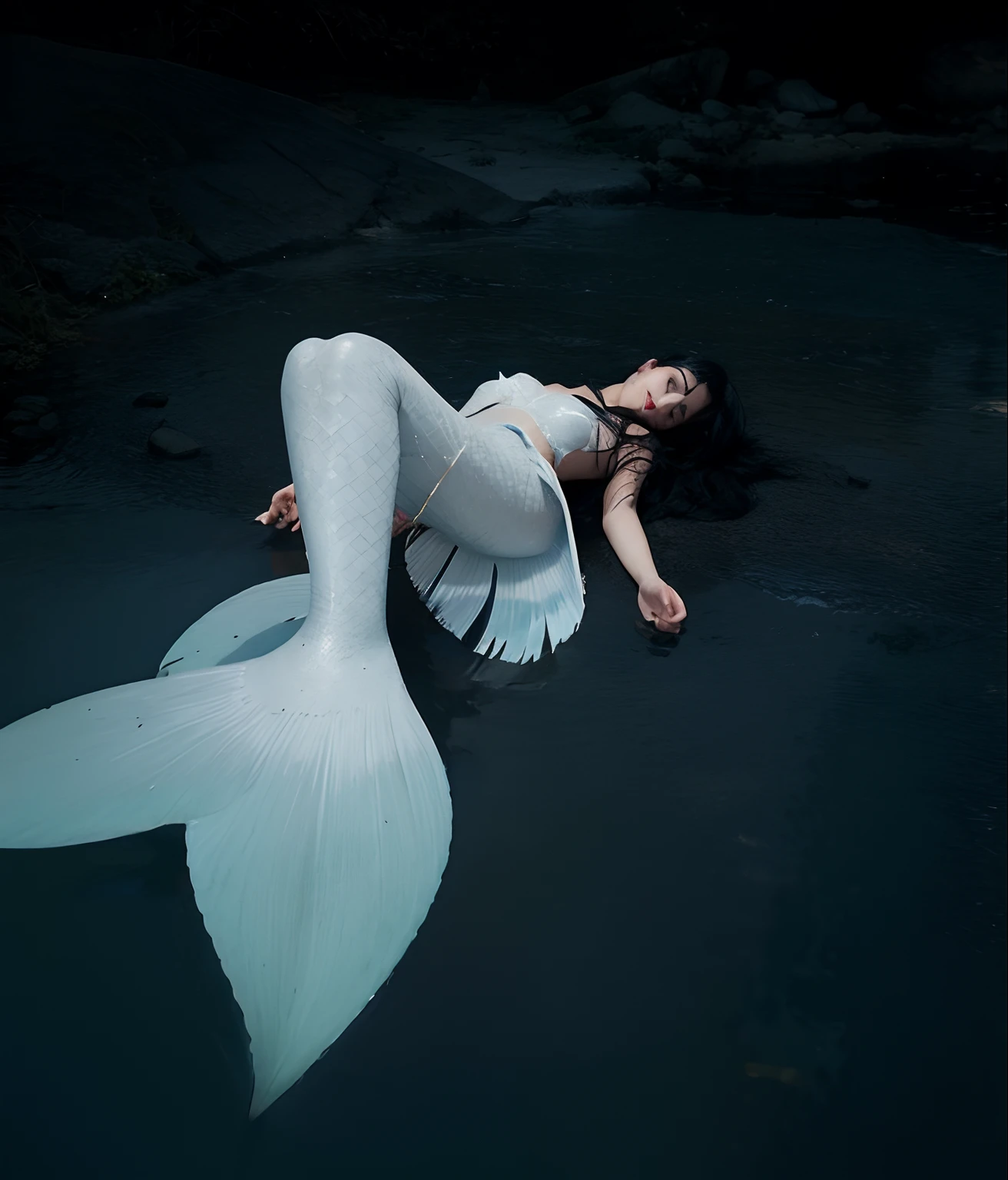 Navy blue mermaid tail, long black hair, dark red lips