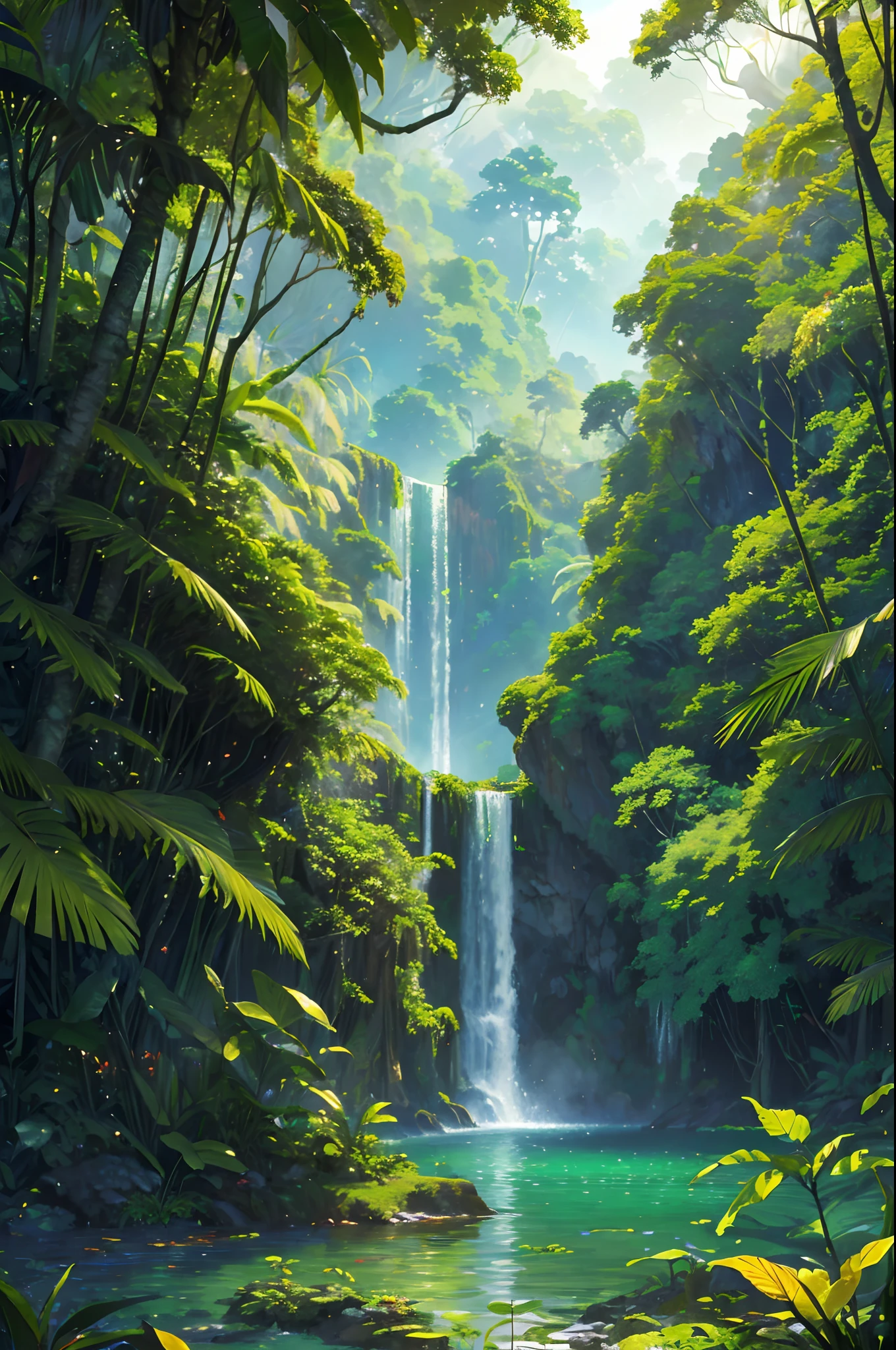 (best quality,highres,masterpiece:1.2),ultra-detailed,realistic,photorealistic:1.37,colorful,beautiful jungle,expansive, lush greenery,towering trees,calm atmosphere,majestic waterfalls,exotic wildlife,misty atmosphere,serene ponds,abundant flora and fauna,natural diversity,romantic sunset,soft sunlight filtering through leaves,tranquil ambiance.