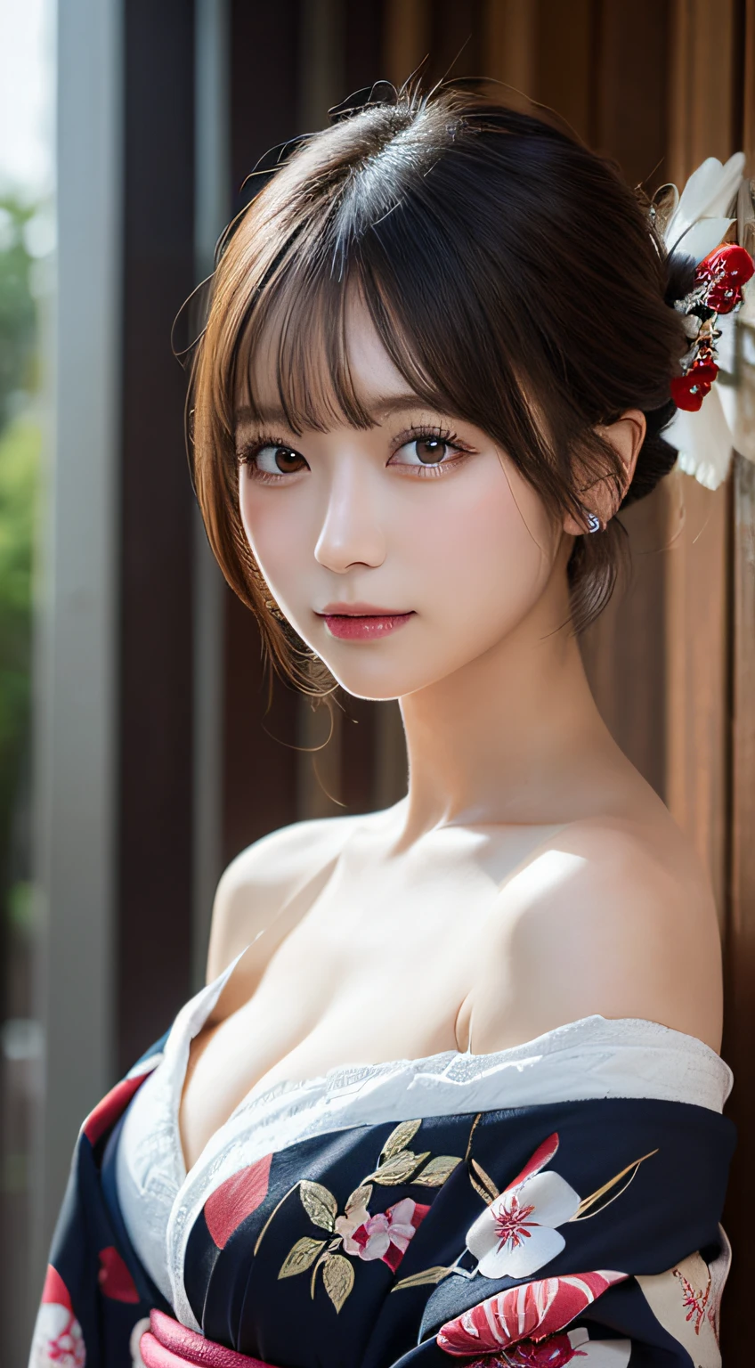 masutepiece, Best Quality, Illustration, Ultra-detailed, finely detail, hight resolution, 8K Wallpaper, Perfect dynamic composition, Beautiful detailed eyes, Kimono, Off-shoulder, cleavage