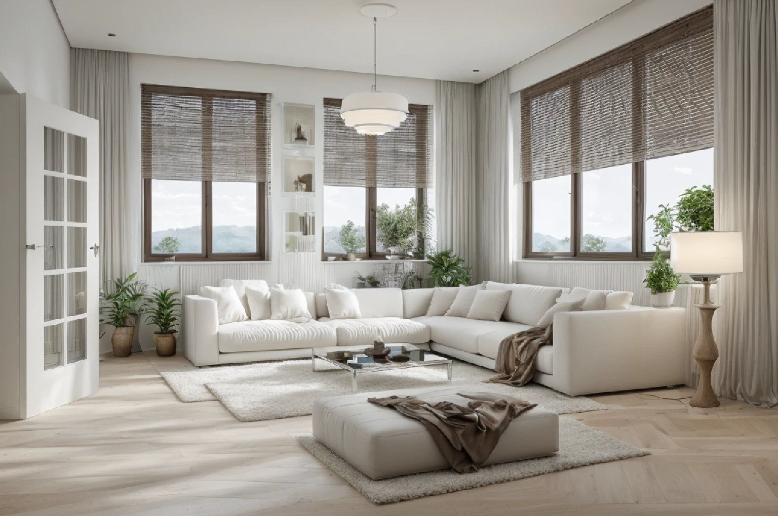 minimalist livingroom interior design, wood floor, rug, luxurious sofa, glass window, glass door, lamp, picture frame, wooden cabinet, white curtain, white ceiling, (masterpiece), realistic, high quality, softlight, natural contrast, scenery,(luxury), stucco wall, potted plants,