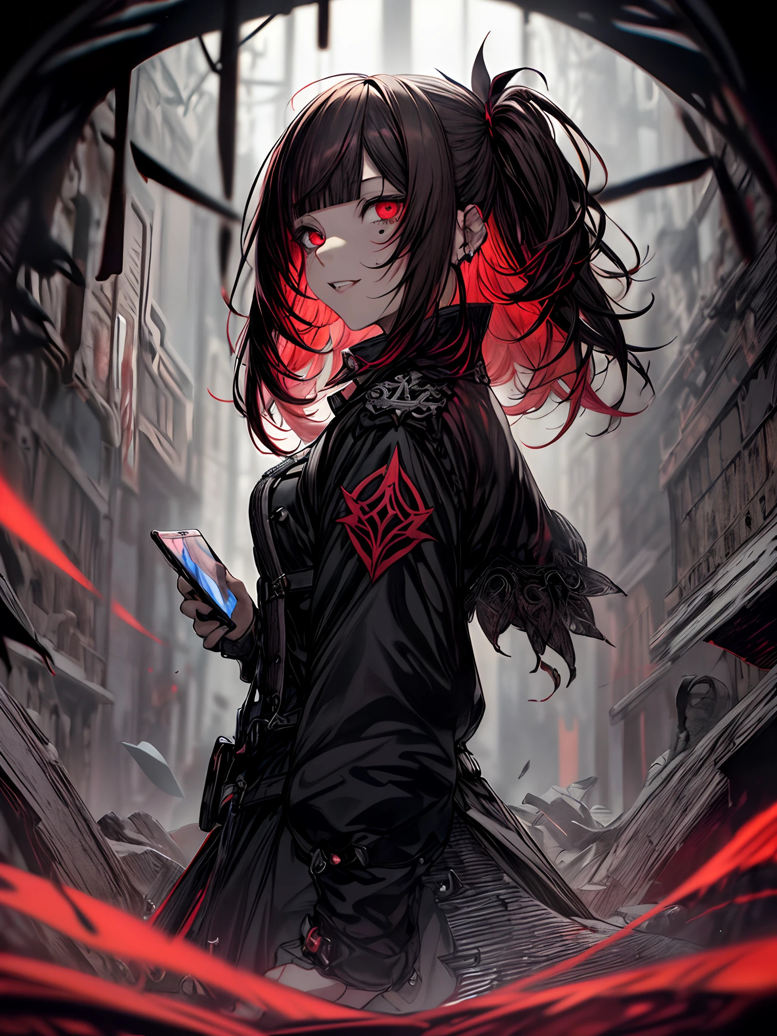 dead body、Blood everywhere、blood splashing、dark hue、Red hue、Twin-tailed、Side Up、red eyes、mobile phone、iphone、Full body、A dark-haired、Gothic punk、A dark-haired、Blunt bangs、Ahegao ( Silly / Sexual ecstasy)、Cross-eyed、Stranger、View other people、Blunt bangs、 over-kneehighs,Ahegao , Silly,Sexual ecstasy,Drunken eyes,Blunt bangs,(masutepiece:1.2, Best Quality), (finely detailed beautiful eye: 1.2), (Detailed background,Dark Fantasy), (beautifull detailed face), High contrast, (Best Illumination, extremely delicate and beautiful), ((Cinematic Light)), Colorful, Hyper Detail, Dramatic light, Intricate details,