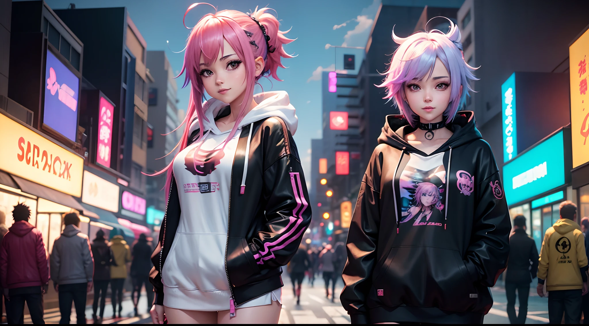 anime girl with colorful hair and a white top standing in a busy street, anime style 4 k, anime style. 8k, digital cyberpunk anime art, cyberpunk anime girl, cyberpunk anime girl in hoodie, 4k anime wallpaper, female cyberpunk anime girl, anime cyberpunk art, seductive anime girl, artwork in the style of guweiz, anime styled digital art , smiling