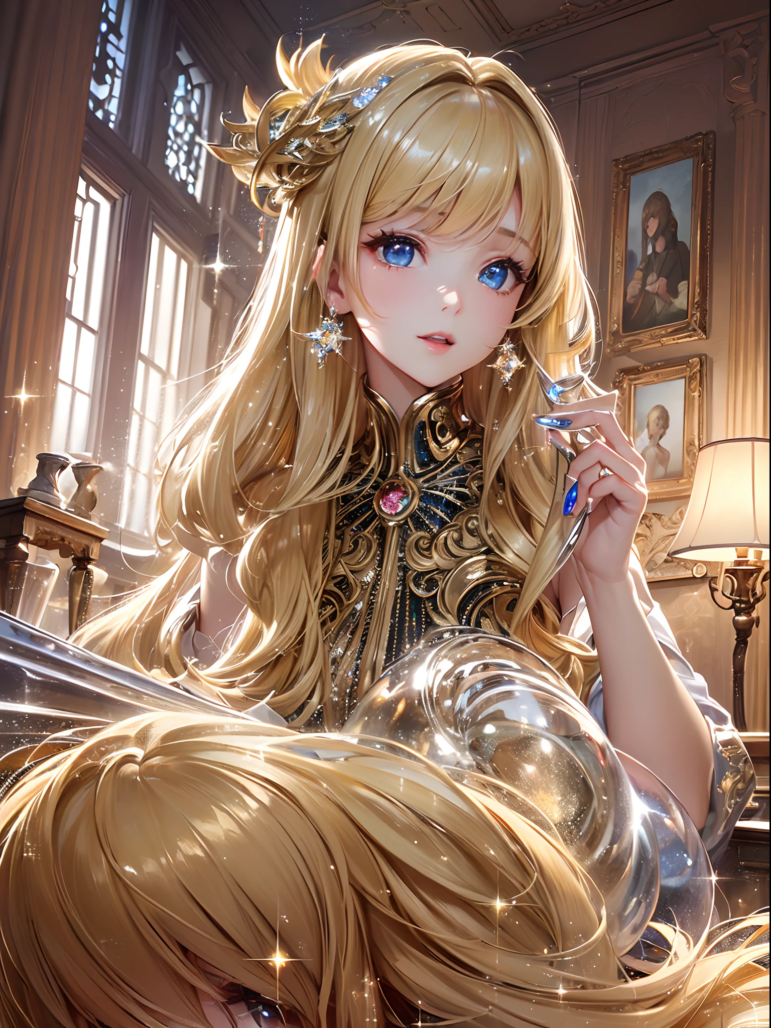 ((Finest quality)),(超A high resolution),(ultra-detailliert),(Meticulous portrayal),((Best CG)),(Finest works of art),Ultra-Precision Art,The art of astounding depiction, (dame:1.5),(Beautiful sparkling blonde hair:1.5),(Facinator:1.5)