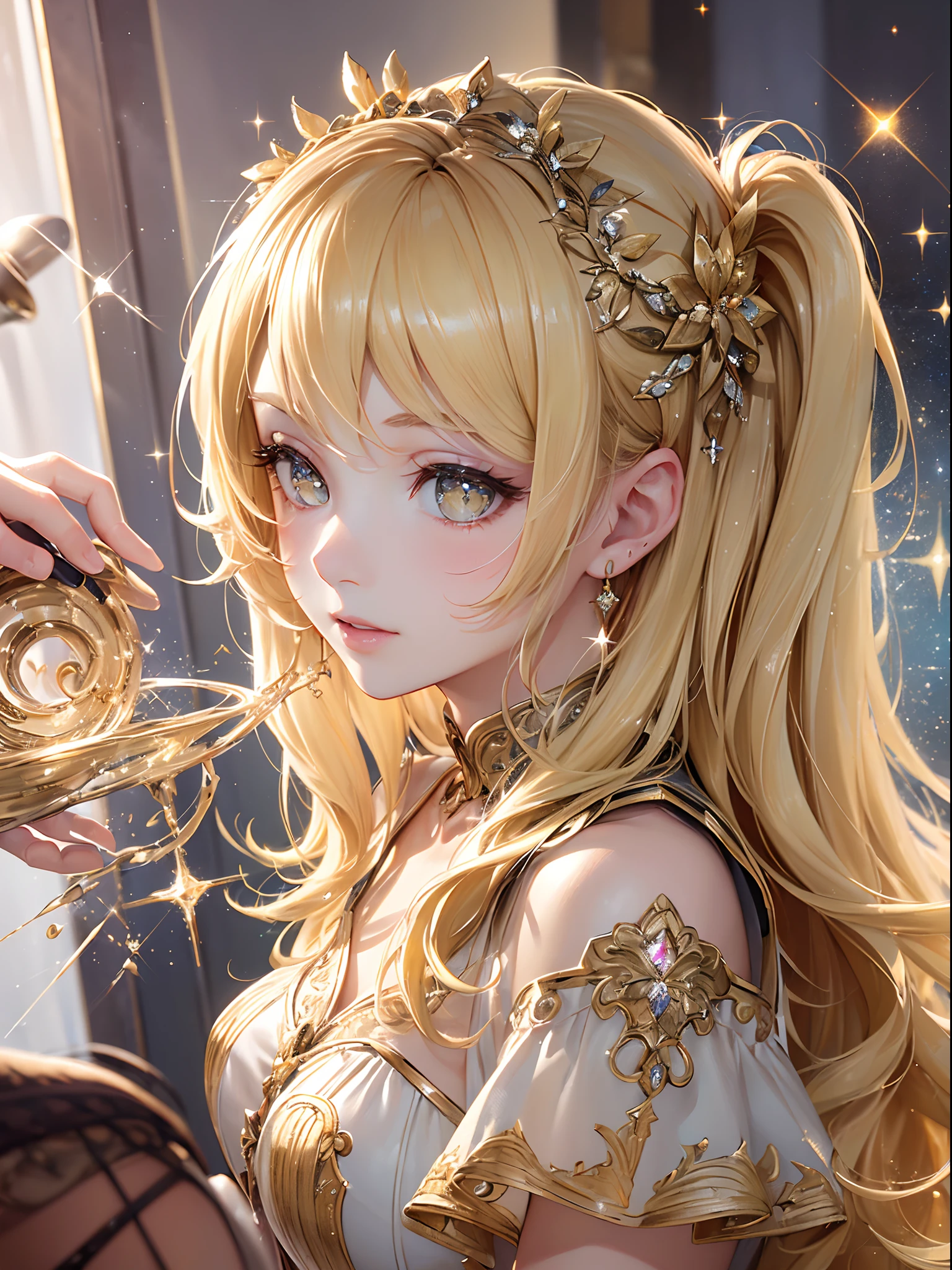 ((Finest quality)),(超A high resolution),(ultra-detailliert),(Meticulous portrayal),((Best CG)),(Finest works of art),Ultra-Precision Art,The art of astounding depiction, (dame:1.5),(Beautiful sparkling blonde hair:1.5),(Facinator:1.5)