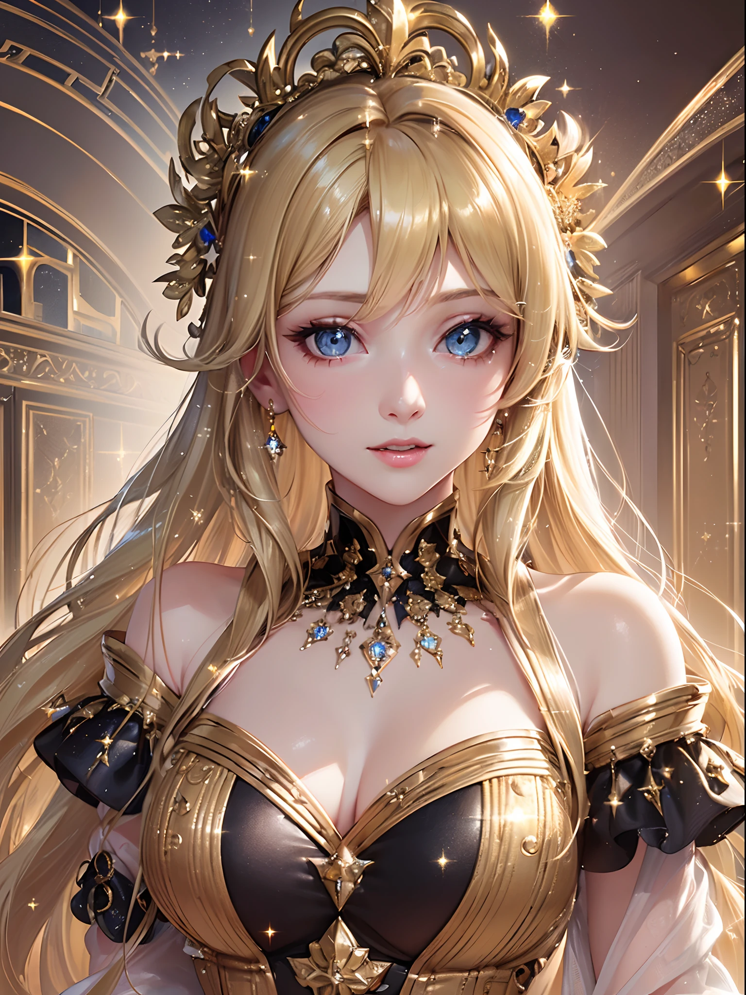 ((Finest quality)),(超A high resolution),(ultra-detailliert),(Meticulous portrayal),((Best CG)),(Finest works of art),Ultra-Precision Art,The art of astounding depiction, (dame:1.5),(Beautiful sparkling blonde hair:1.5),A benevolent look,(Glittering black dress,off shoulders), Rococo background:1.5