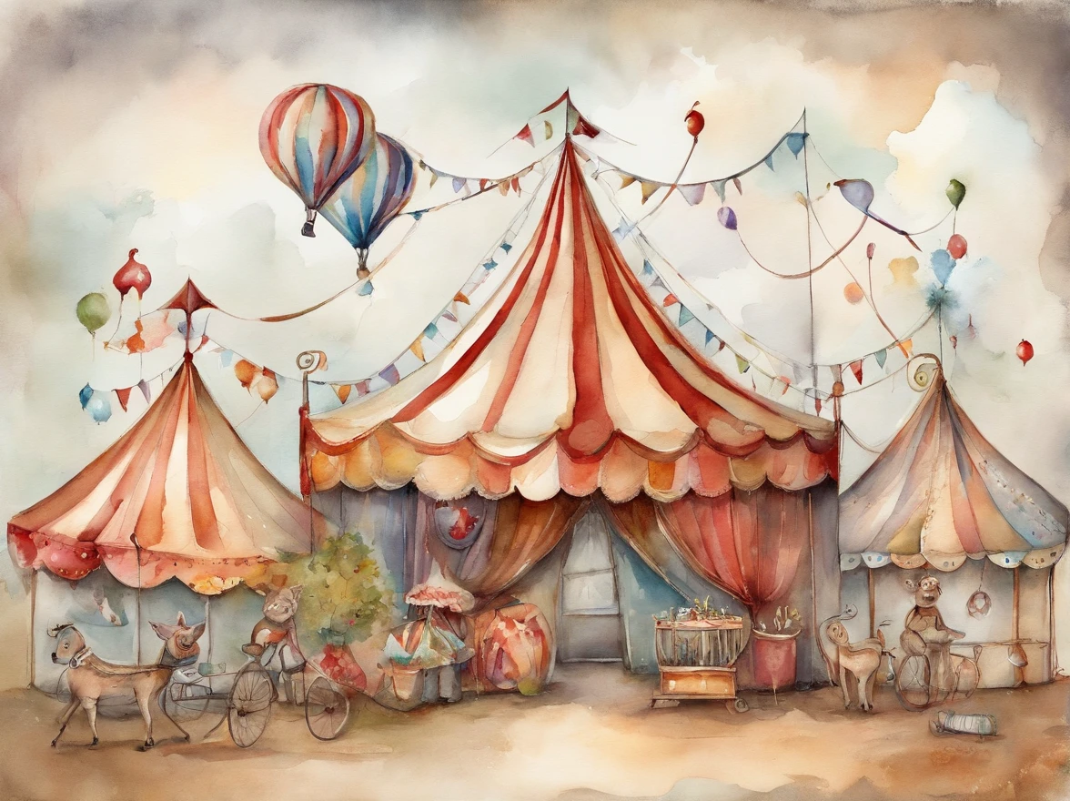 there is a drawing of a circus with a tent and a carousel, adorable and whimsical, whimsical and cute, dreamy and detailed, witchlight carnival, dreamy illustration, welcome to the circus, illustrated in whimsical style, very magical and dreamy, in the white clouds fairyland, circus, circus background, curiosities carnival, desert circus, big top circus tent