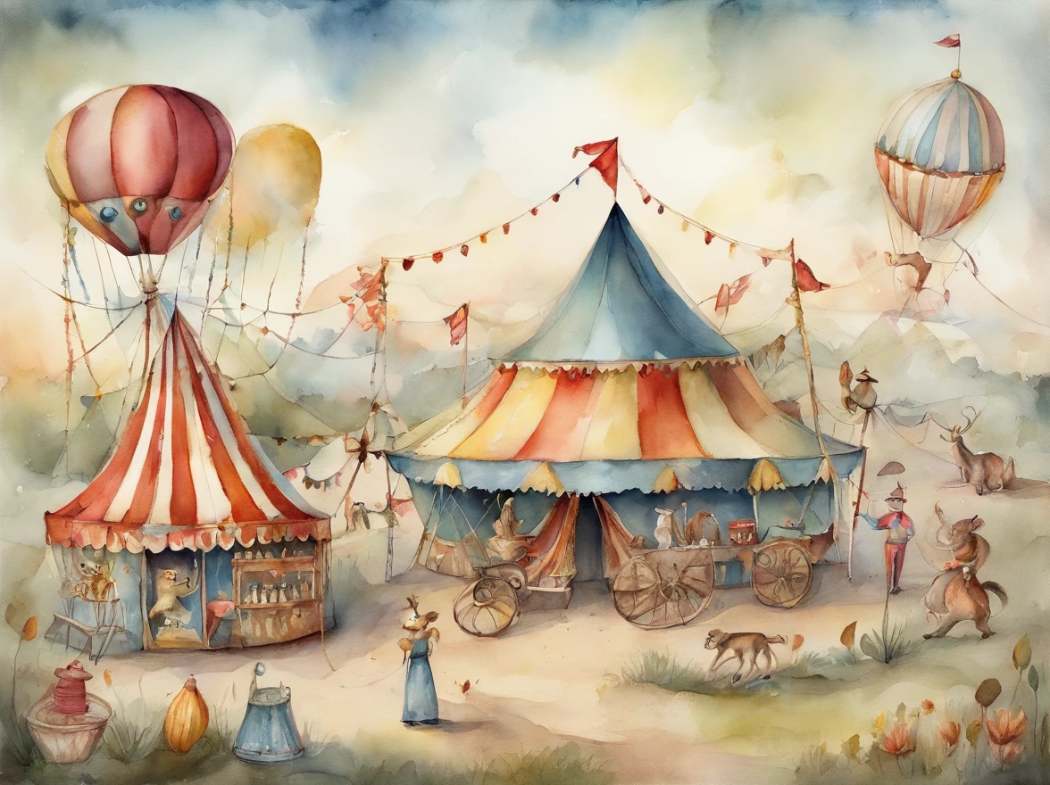 there is a drawing of a circus with a tent and a carousel, adorable and whimsical, whimsical and cute, dreamy and detailed, witchlight carnival, dreamy illustration, welcome to the circus, illustrated in whimsical style, very magical and dreamy, in the white clouds fairyland, circus, circus background, curiosities carnival, desert circus, big top circus tent