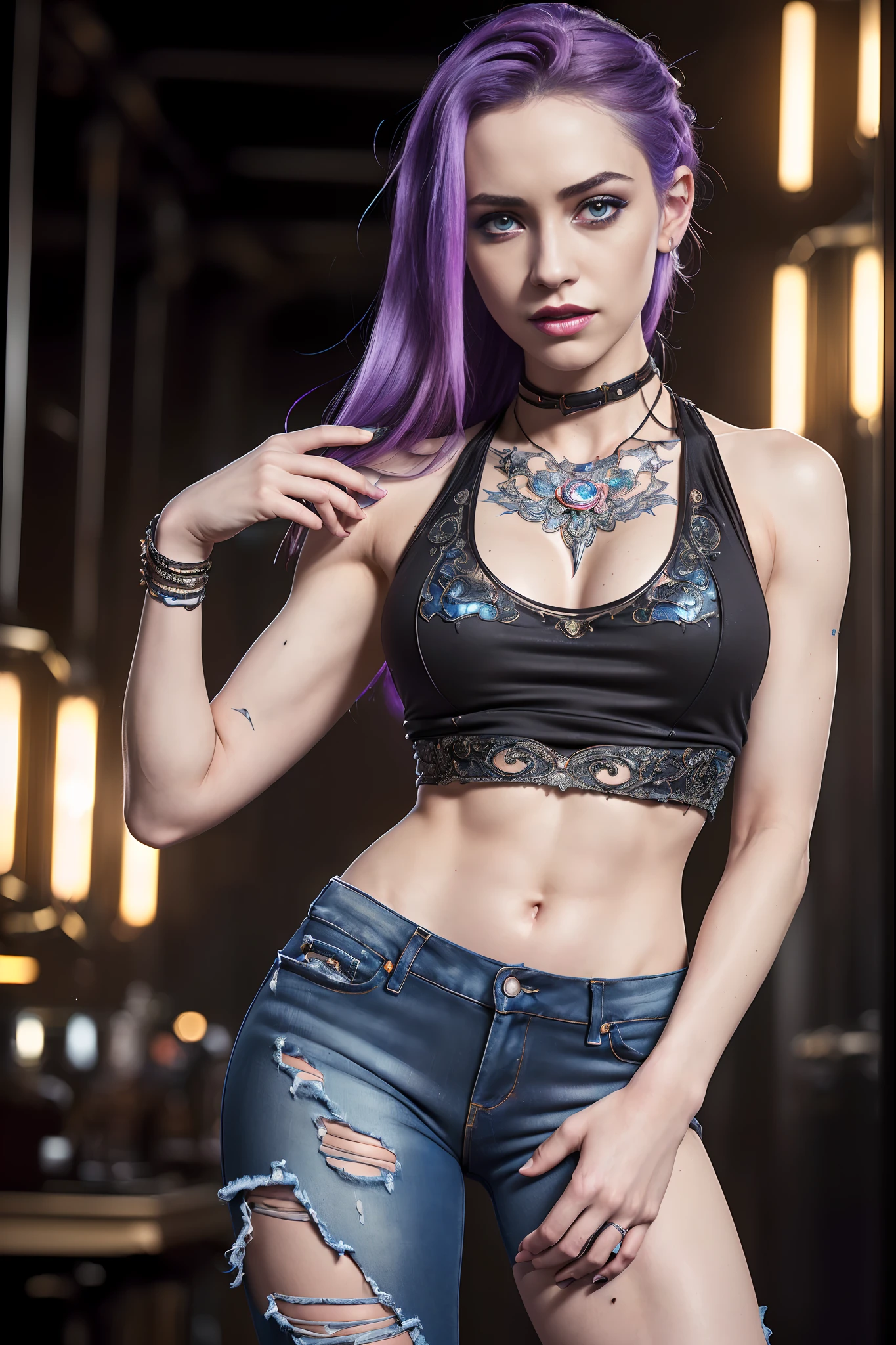 Masterpiece, Jinx from Arcane, tank top, tight ripped jeans, intricately detailed background, (UHD, 8K wallpaper, High resolution), Cinematic lighting, award-winning, extremely detailed skin, extra detailed face, high detail eyes, photo-realistic, Zeiss 85 mm F/1.4, by Ellen von Unwerth