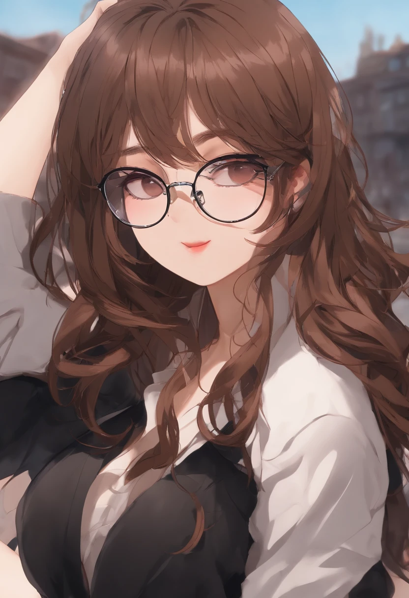 brown hair, medium hair, (ponytail: 0.8)straight side hair, disheveled hair(cute round face:1.4)(open mouth: 0.8) (wearing glasses)(gang bang)(pov.nsfw)