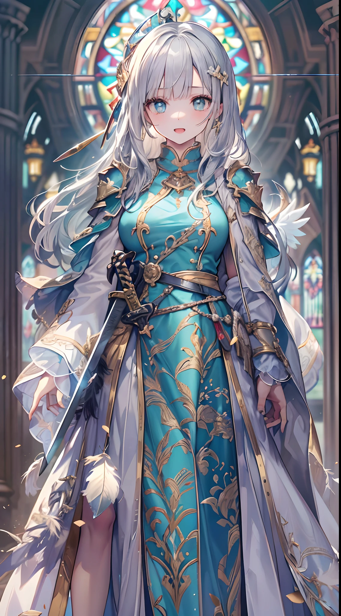 (Official art、Best Quality、Unity 8k Wallpapers、32K、masterpiece、ultra-detailliert、超A high resolution、realisitic、Photorealsitic、Very ridiculous:1.2)、(Cinematic lighting:1.2)、Fireglow effect、film grains、Best Shadows、Rim lighting、side lights、(Ultra-detailed and complex 3D rendering)、Detailed beautiful face and eyes、Sharp pupils、Realistic pupils、A slender、1Man Woman、Medium bust、(Full body:1.2)、 beauitful face、16-year-old beautiful girl、(super detailed skin、detailed skin textures:1.3)、(silver blond、Blue-silver hair:1.3)、Paladin、Longhaire、Blunt bangs、Green eyes、3 braids in 1 bunch、(Blue Armor、Blue Boots、Blue helmet、Jeweled、Gold embroidery)、A slender、Maxi skirt、(thighs thighs thighs thighs:0.8)、(chies、in a house、Artistic stained glass、Large pipe organ、crosses、Hello Point、Mystical、a lot of feathers float、angelicales、Particles of light、solemnity、Sunlight is、colourfull、Fantastical:1.2)、(Fantastical:1.3)、(Holding the Holy Sword:1.4)、(Looking away、looking distantly:1.3)、Fantastical、Smile with open mouth