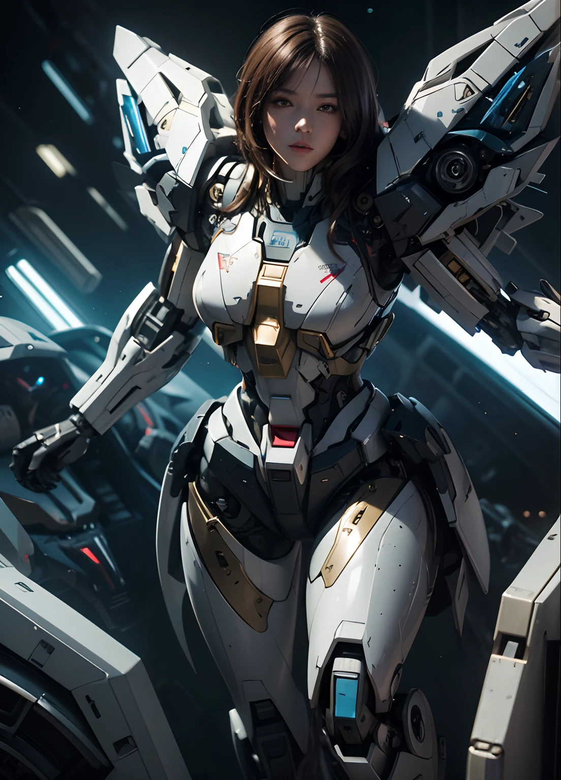Textured skin, Super Detail, high details, High quality, Best Quality, hight resolution, 1080p, hard disk, Beautiful,(Gundam),beautiful cyborg woman,Mecha Cyborg Girl,Battle Mode,Girl with a Mecha Body,She wears a futuristic Gundam mecha,Fulll body Shot