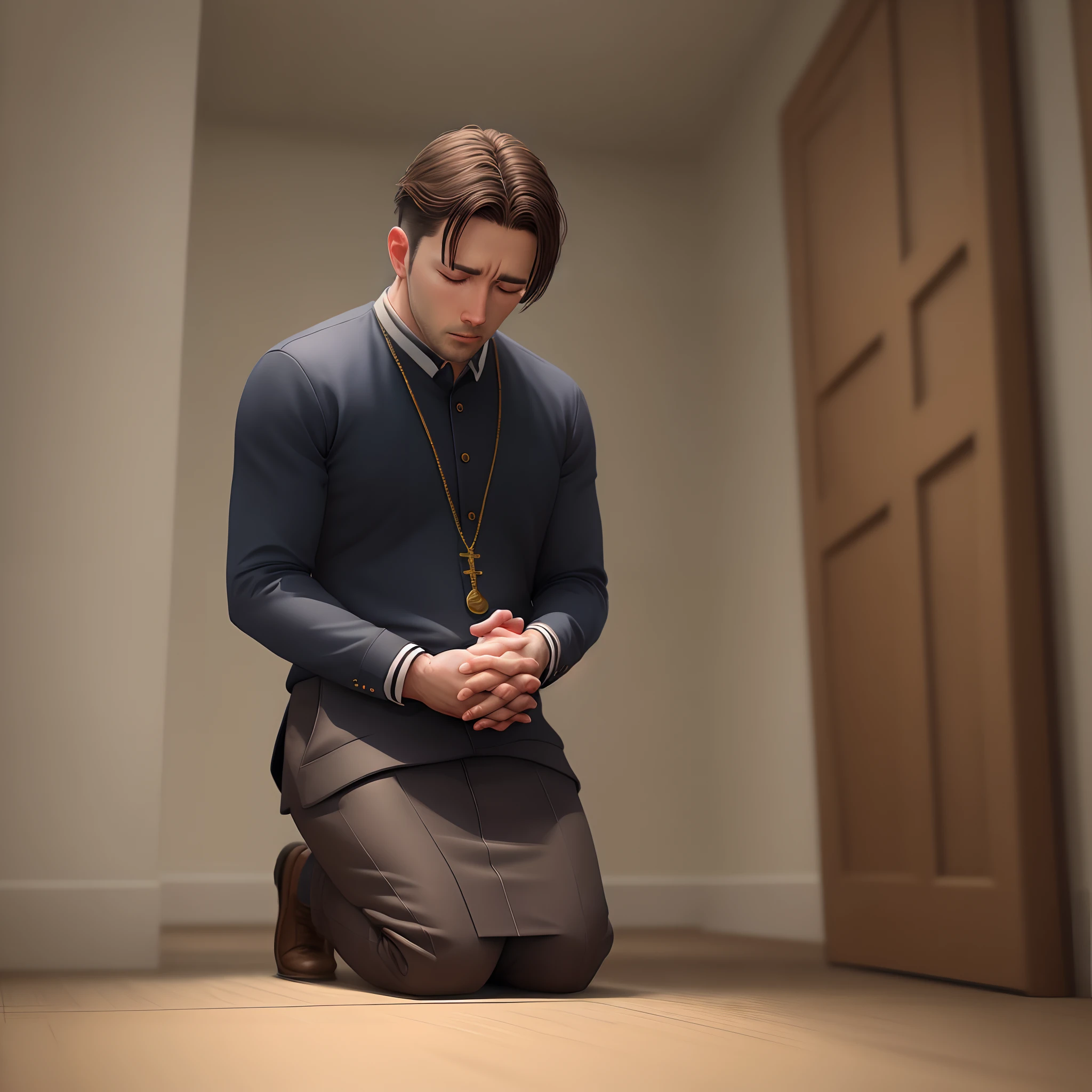 Make a realistic cinematic image of a man praying on his knees with God's striking presence