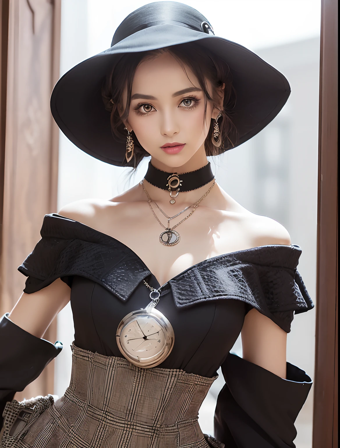 (fusion of argyle dress and Pocket watch:1.3) (fusion of Plunging neckline top and high waist skirt:1.3) (fantasy fashion theme Off-the-Shoulder Romper:1.3) (footwear fusion of pumps and Loafers:1.2) Palazzo Pants