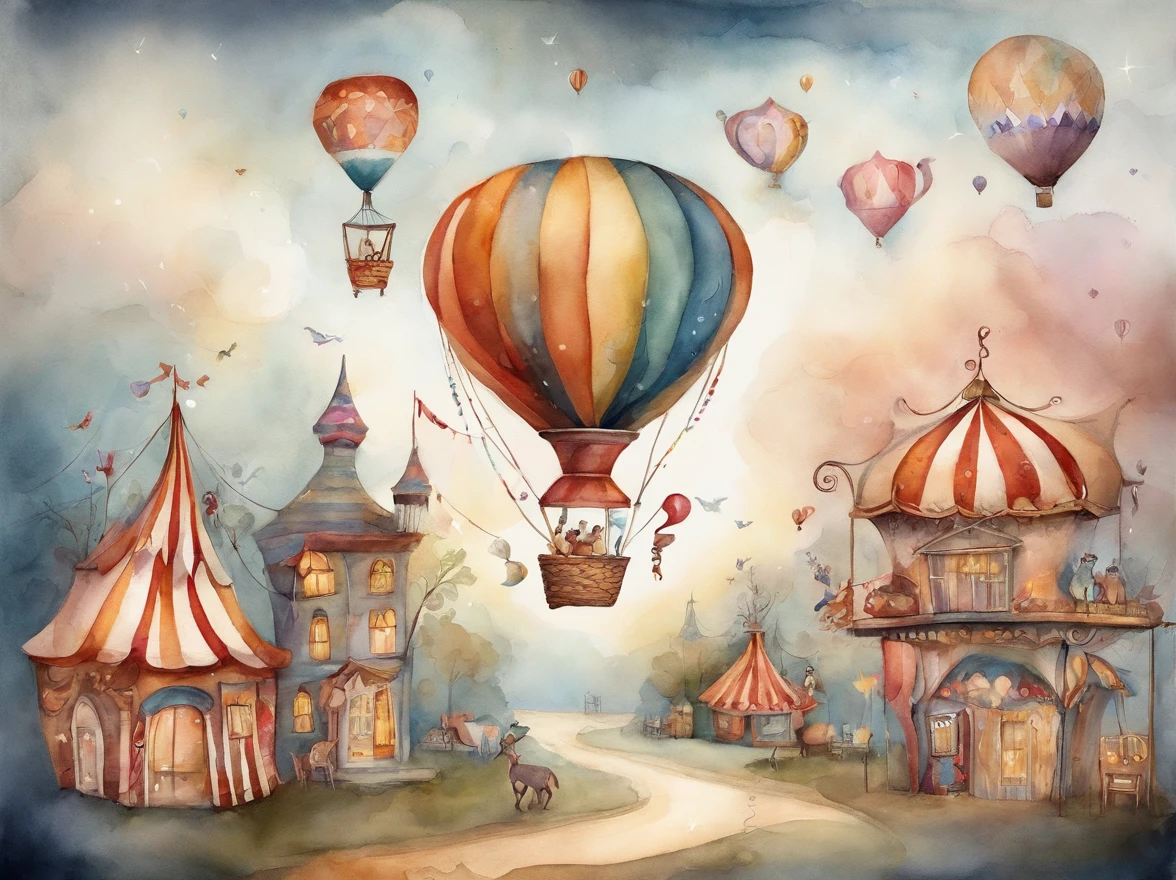 there is a picture of a carnival, ethereal and dreamy theme, dreamy and detailed, adorable and whimsical, whimsical and cute, witchlight carnival, welcome to the circus, circus background, very magical and dreamy, dreamy illustration, illustrated in whimsical style, in the white clouds fairyland, instagram story, illustartion, airy midnight theme, circus, air baloon, desaturate color