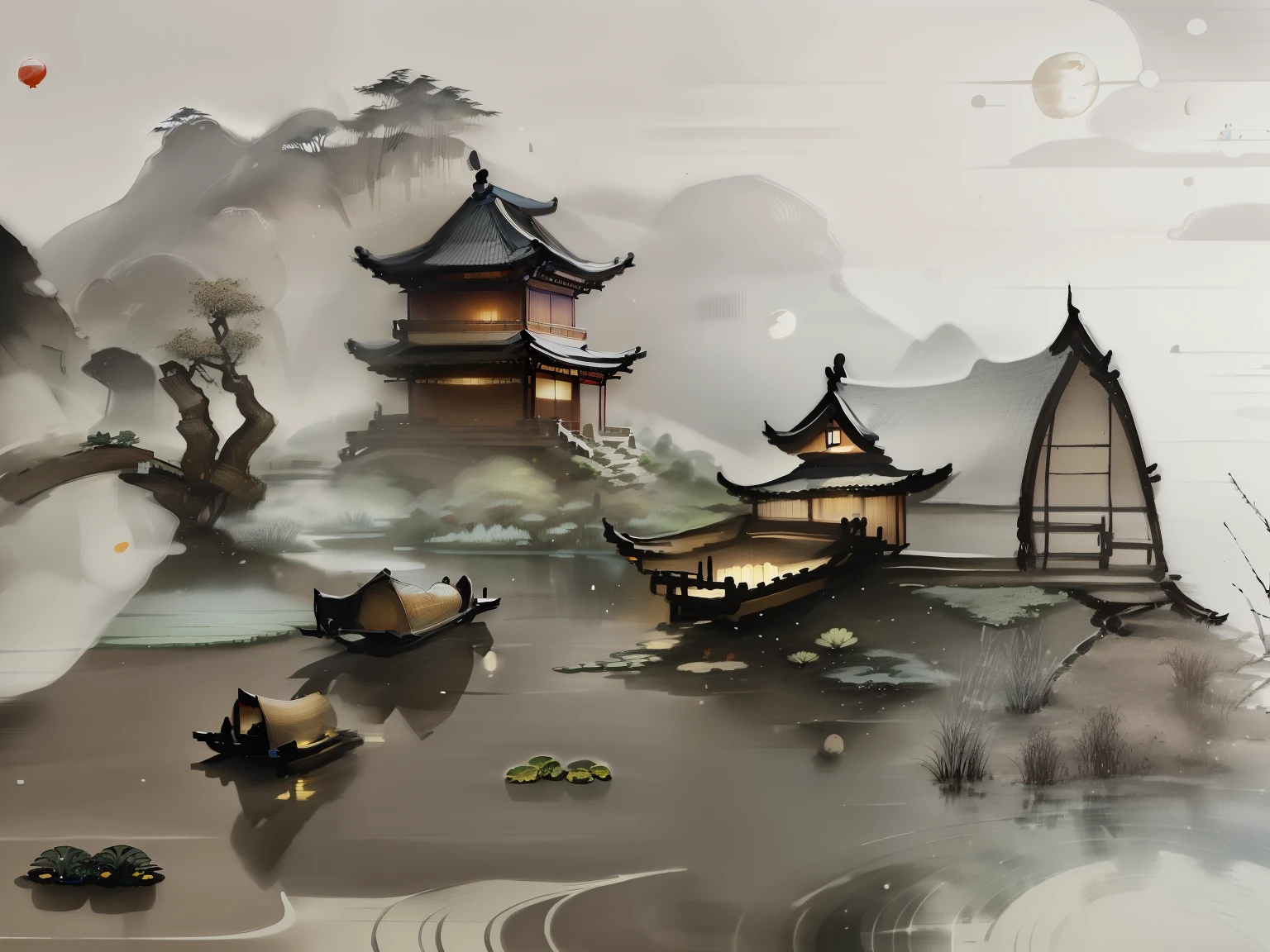 masterpiece,best quality,Chinese martial arts style,an asian night scene with lanterns and water lilies,asian pond with many lanterns and boatsa night scene with many lights and boats in the water, Lake surface, lotus flowers,beautiful night scene,(((Chinese martial arts style))), with vast sky, continuous mountains and steep cliffs, ink wash style, outline light, atmospheric atmosphere, depth of field, mist rising, bamboo, pine trees, octagonal stone pavilion, waterfall flowing water,big full moon,(No color) , Monochrome, light color,