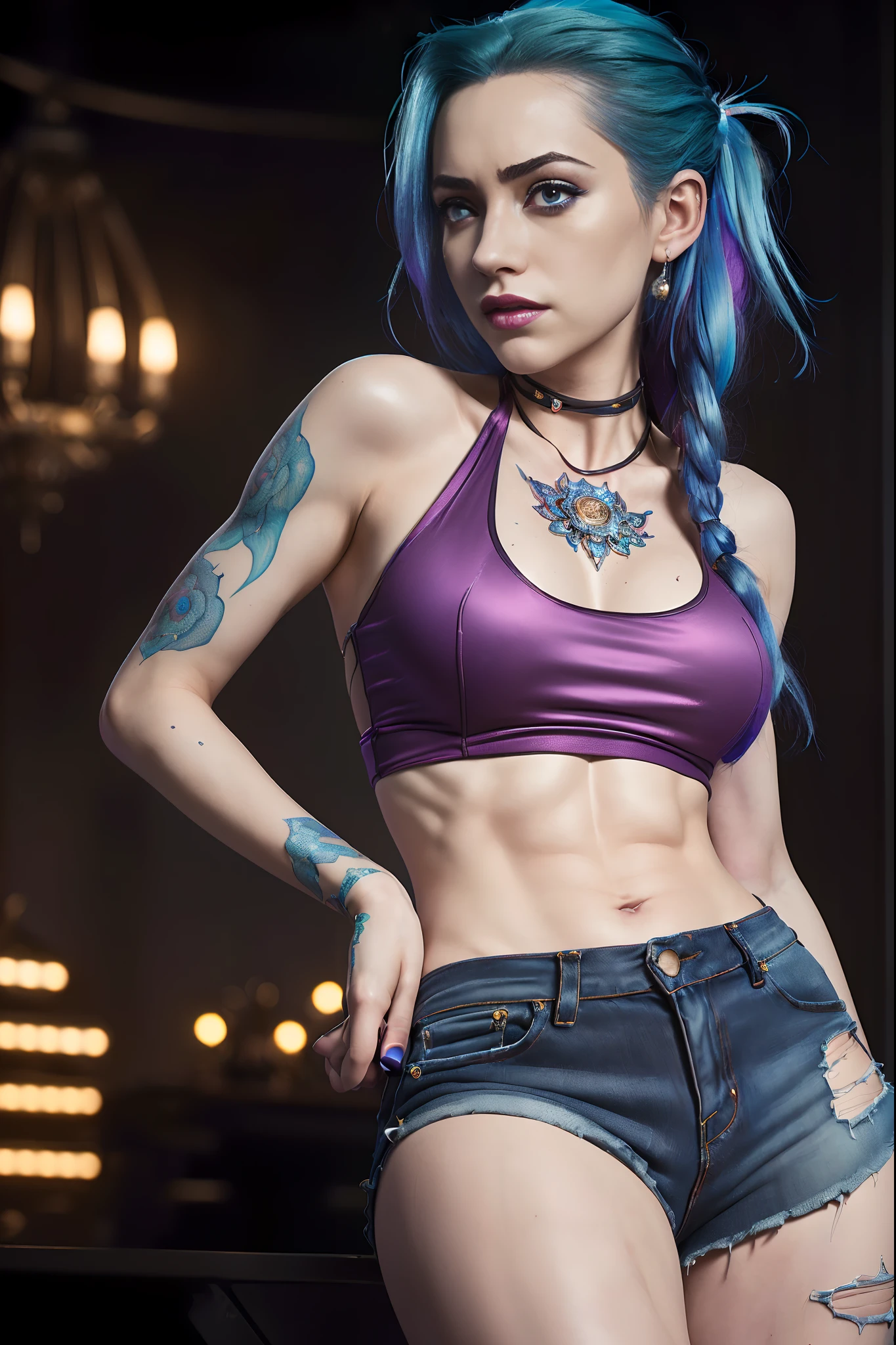 Masterpiece, Jinx from Arcane, tank top, tight ripped jeans, intricately detailed background, (UHD, 8K wallpaper, High resolution), Cinematic lighting, award-winning, extremely detailed skin, extra detailed face, high detail eyes, photo-realistic, Zeiss 85 mm F/1.4, by Ellen von Unwerth