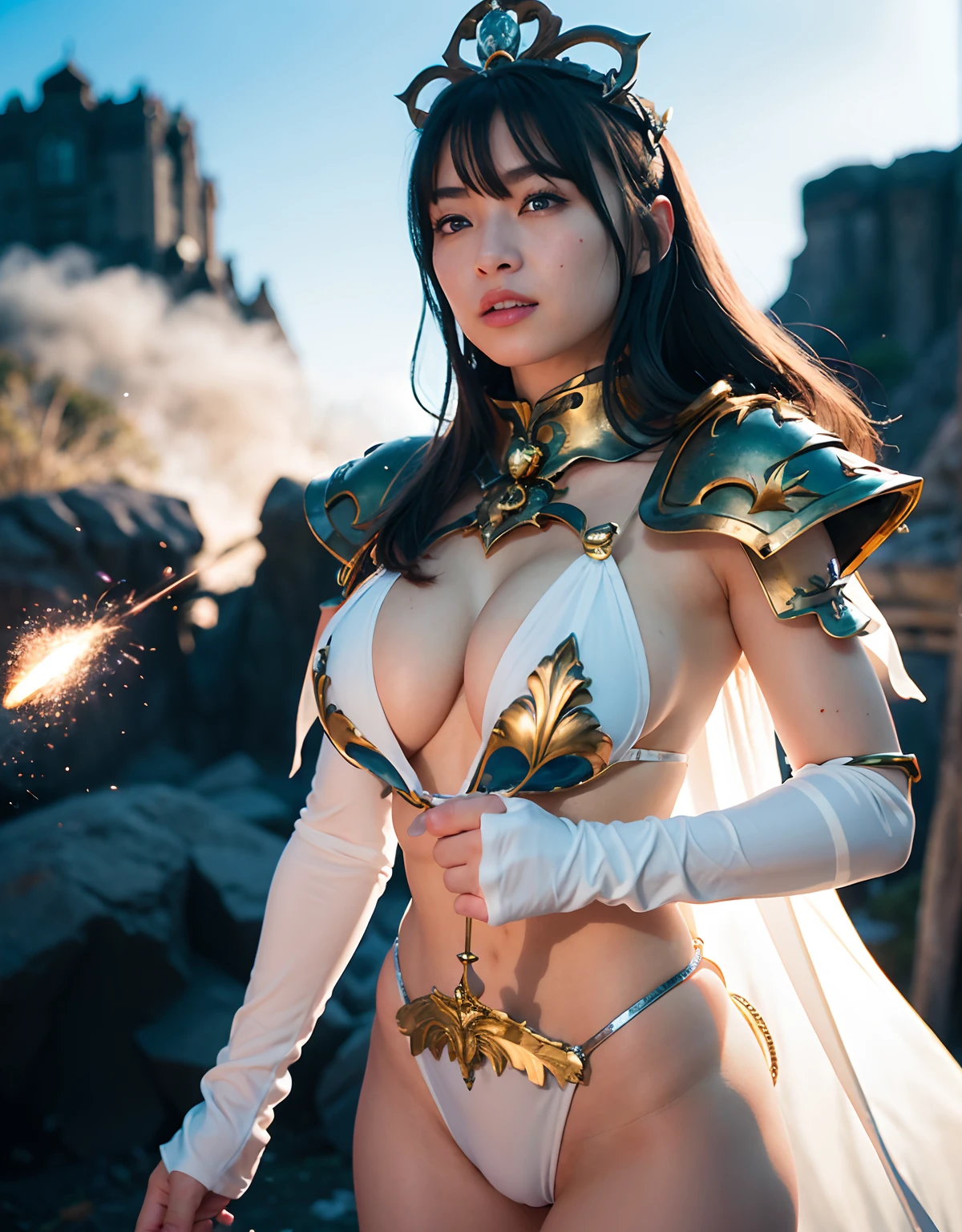 Professional , masterpiece、top-quality、photos realistic , 、top-quality、超A high resolution、(Photorealsitic:1.4)、Raw photo、depth of fields (Gemstone Gold Metal Body:1.9),(Matte White、Toostock、cleavage of the breast、(cleavage of the breast)、(((Micro Bikini Armor))),(Detailed Dragon Armor)、(Have the strongest weapon)、((Random Hairstyles 1.6),Dark Fantasy,)explosions、intense fighting、(Precipitous cliffs),Dragon Gold Weapon,Mystical expression、Particles of light、Fight dragons、(Detailed Dragon Helmet),Gorgeous Silver Weapons ,(( Dragon's dense and gorgeous sword)) , Beautiful knife ,warhammer 40k ,Detail and gorgeous crown、((Blue hair))、(Castle background)、、((Gangle's forest background))、Beautiful Caucasian beauty、1a person、dynamic ungle,(((With detailed shielding)))、Smaller head、A smile、Castle background、Thin and beautiful female hands、cleavage of the breast、Soldier in iron armor on background、Mystical expression、Light Effects、intense fighting、Wind-effect、magic circles、With the legendary magic wand、(demonic wings)、Toostock、