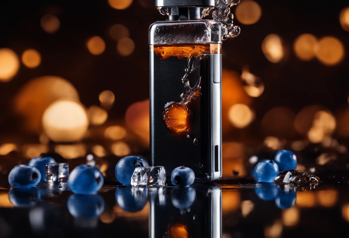 cinematic photo photography of a small vape device standing on a dark shinny surface with reflections and in background pieces of blueberry and ice cubes falling down and a juice splash on the floor behind the product.