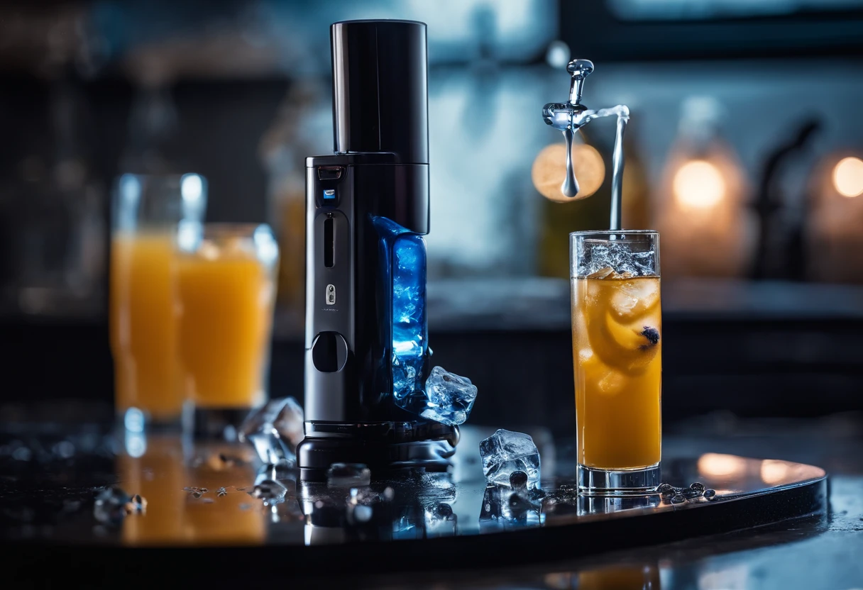 cinematic photo photography of a small vape device standing on a dark shinny surface with reflections and in background pieces of blueberry and ice cubes falling down and a juice splash on the floor behind the product.