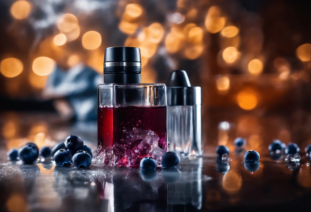 cinematic photo photography of a small vape device standing on a dark shinny surface with reflections and in background pieces of blueberry and ice cubes falling down and a juice splash on the floor behind the product.