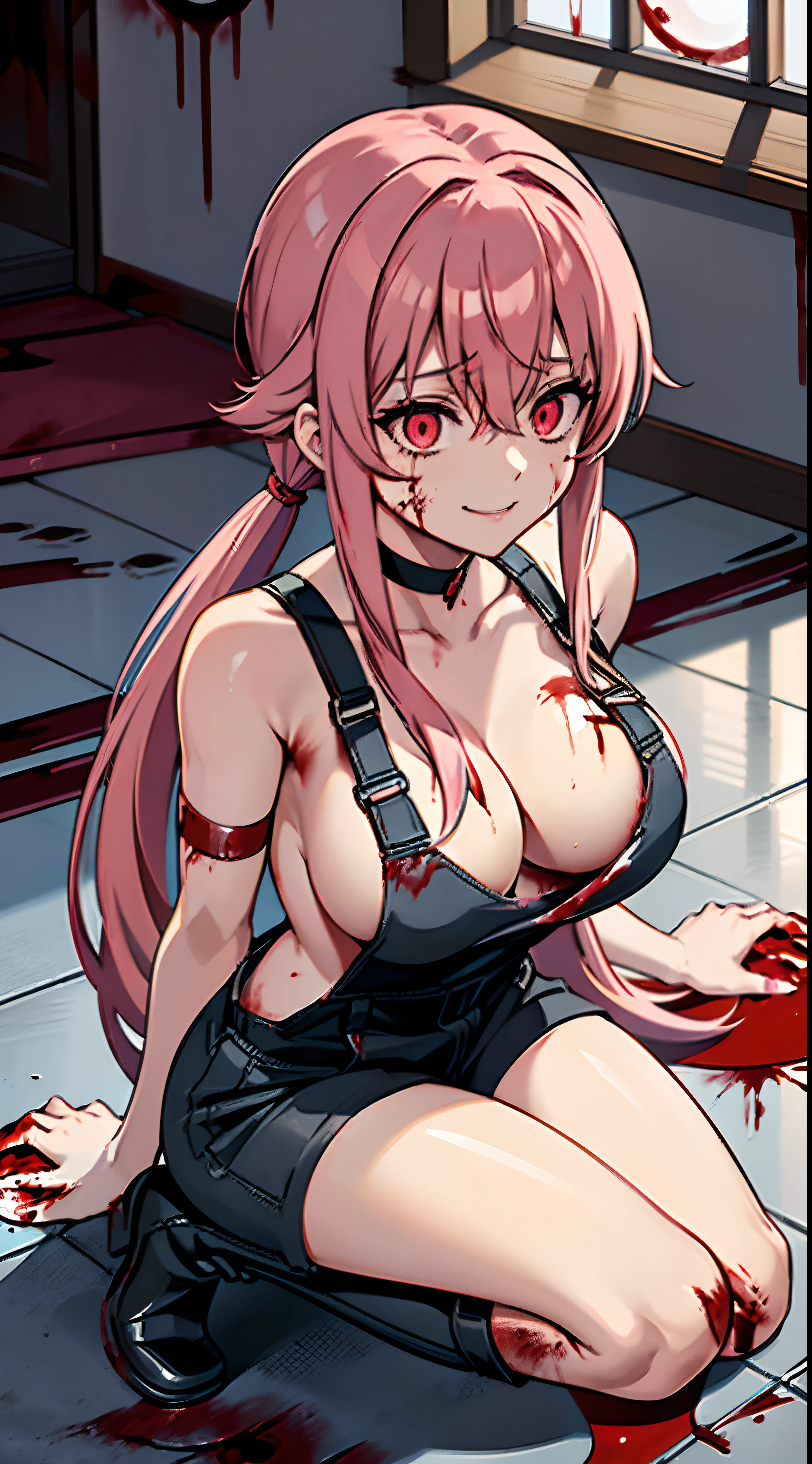 yuno gasai, long hair, pink hair, low twintails, smile, naked, red eyes, (large breasts:1.5),1girl, black choker, dark grey, overalls, leather gloves, black boots, (window behind her with the moonlight;1.5) shining through, (blood on floor:1.5), (blood on body:1.5), (evil eyes:1.4)